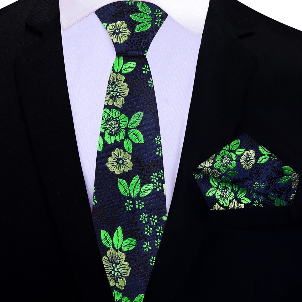 Blue and Green Floral Thin Tie and Pocket Square||Blue, Green