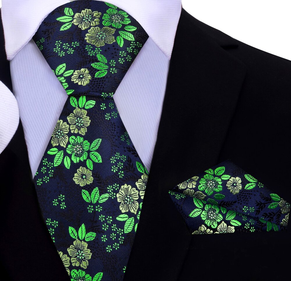 Blue and Green Floral Tie and Pocket Square||Blue, Green