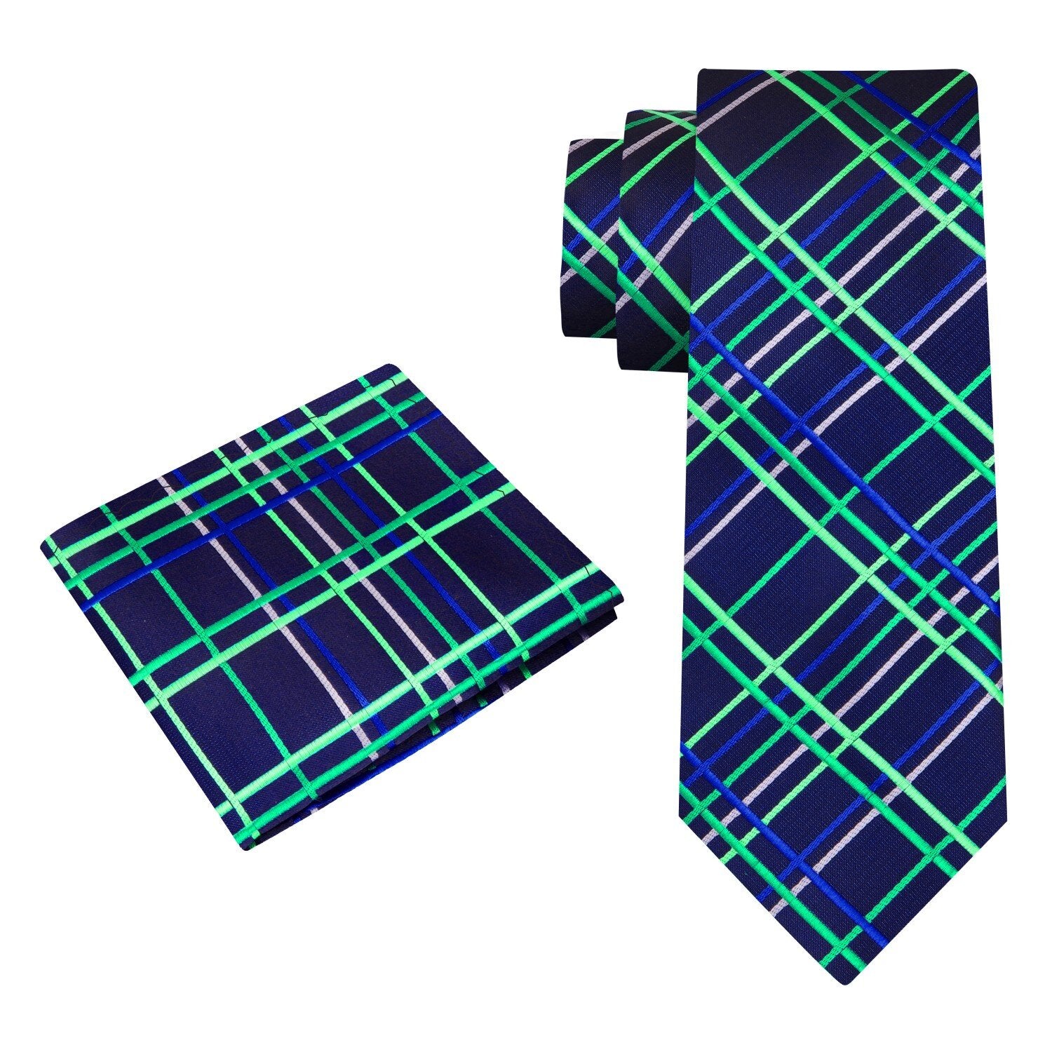 Alt View: Blue Green Plaid Tie and Pocket Square