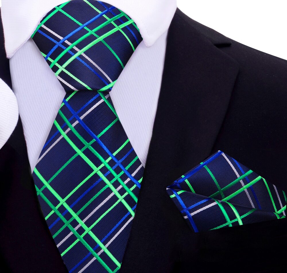 Blue Green Plaid Tie and Pocket Square||Blue with Green Lines