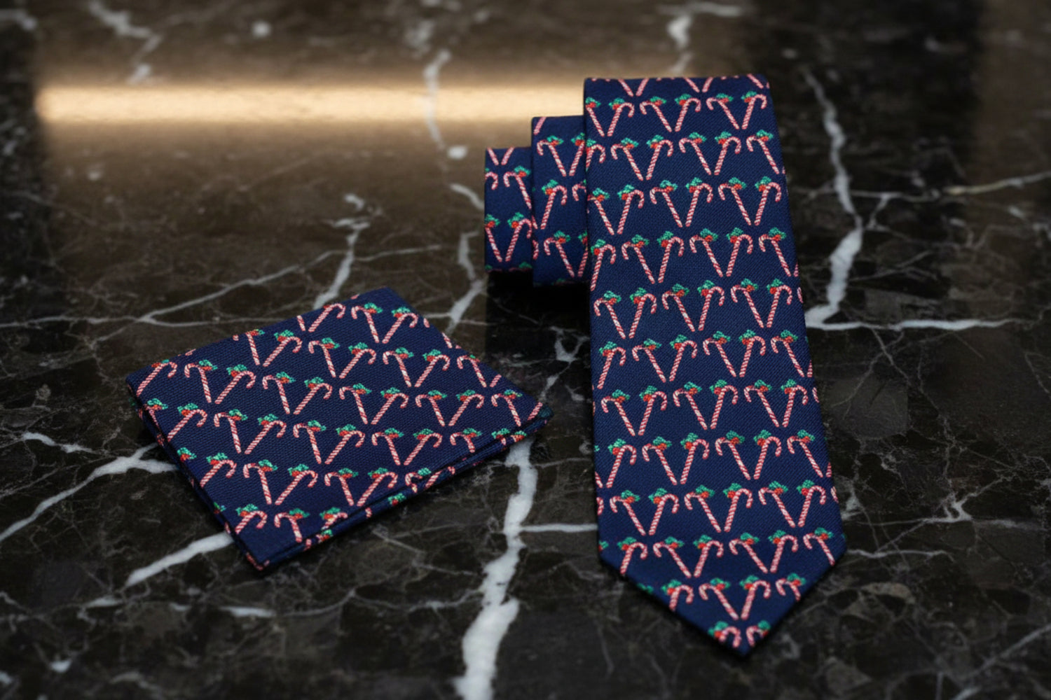Alt View: Blue, White, Green Candy Canes Tie and Pocket Square