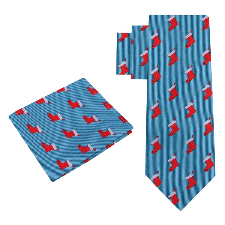 Alt View: Light Blue Christmas Stockings Tie and Pocket Square