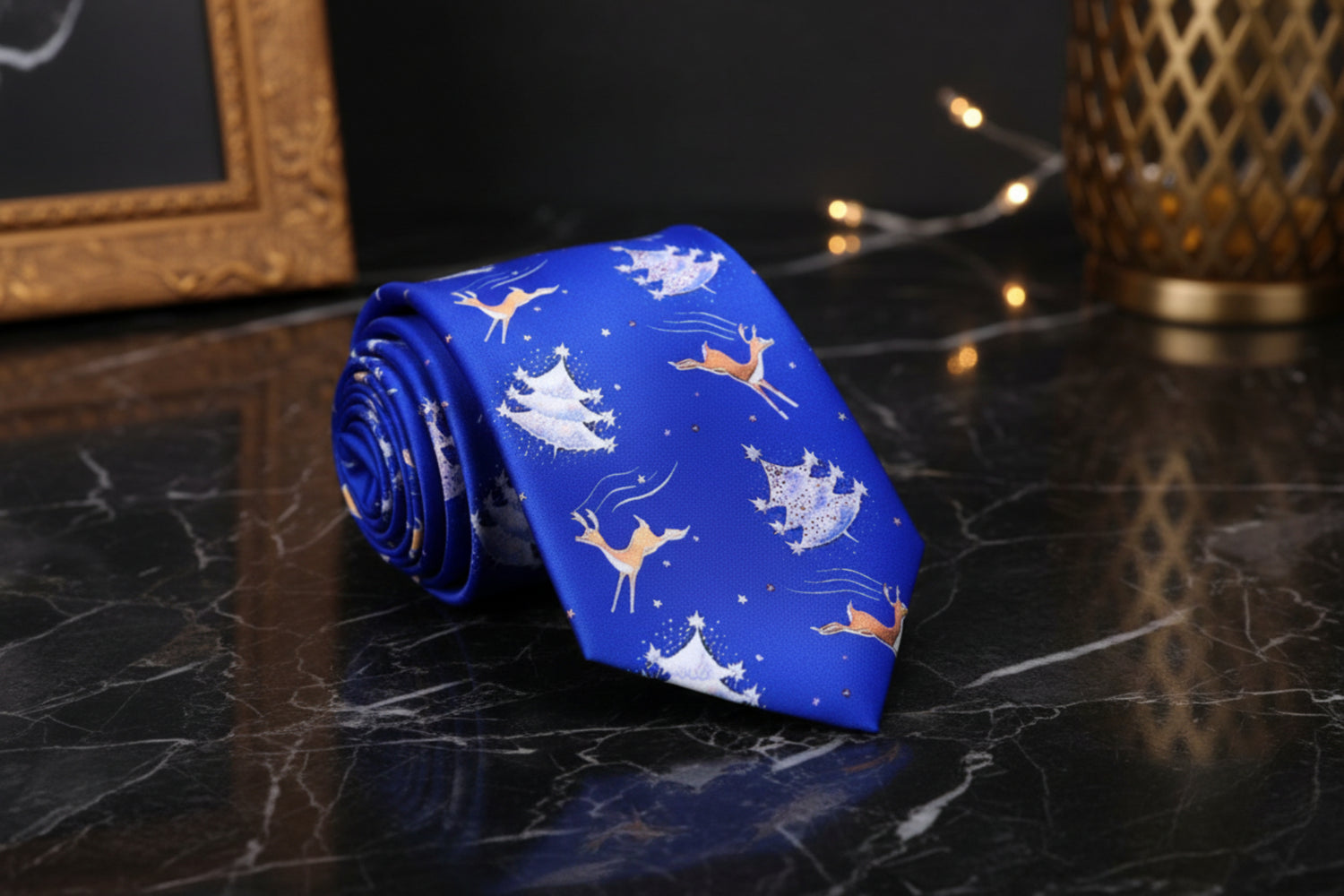 Blue, White, Brown Reindeer and Christmas Tree Tie 