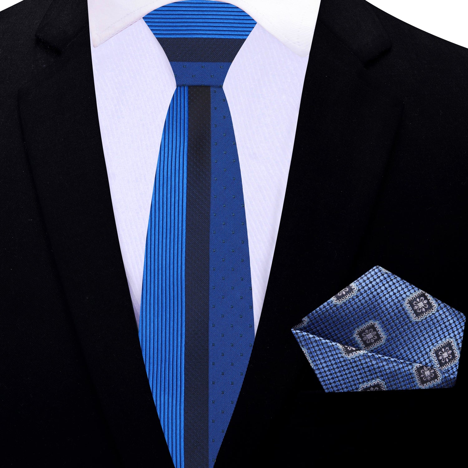 Thin Tie: Blue Silk Tie and Accenting Light Blue Geometric Square