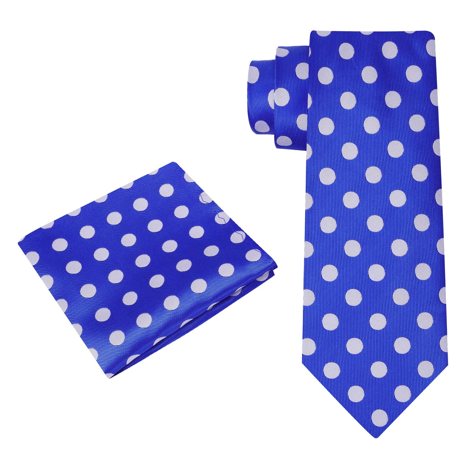 Alt View: A Blue, Grey Polka Dot Pattern Silk Necktie, Matching Pocket Square