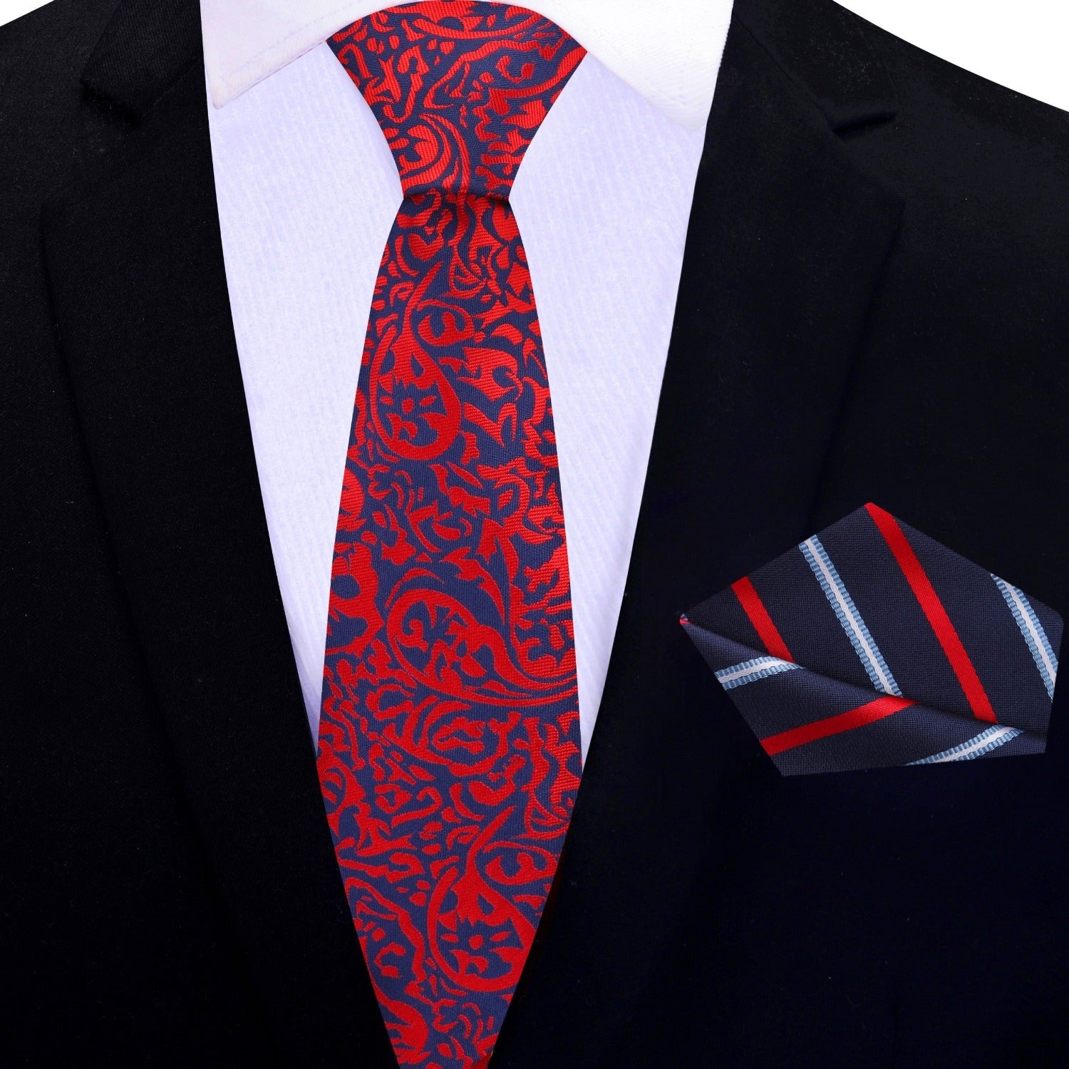 Thin Tie: Red, Blue Paisley Tie and Blue, Red Stripe Square