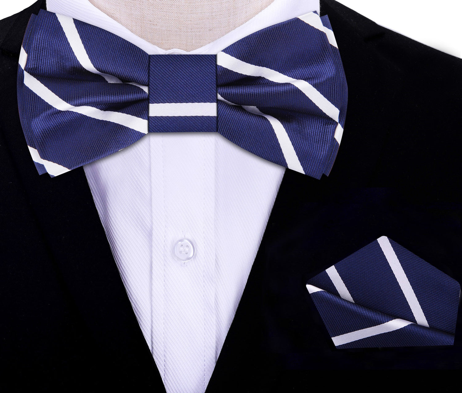 Blue, White Stripe Silk Bow Tie and Matching Square On Suit