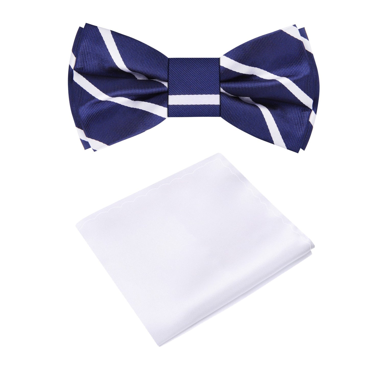 Blue, White Stripe Silk Bow Tie and White Square