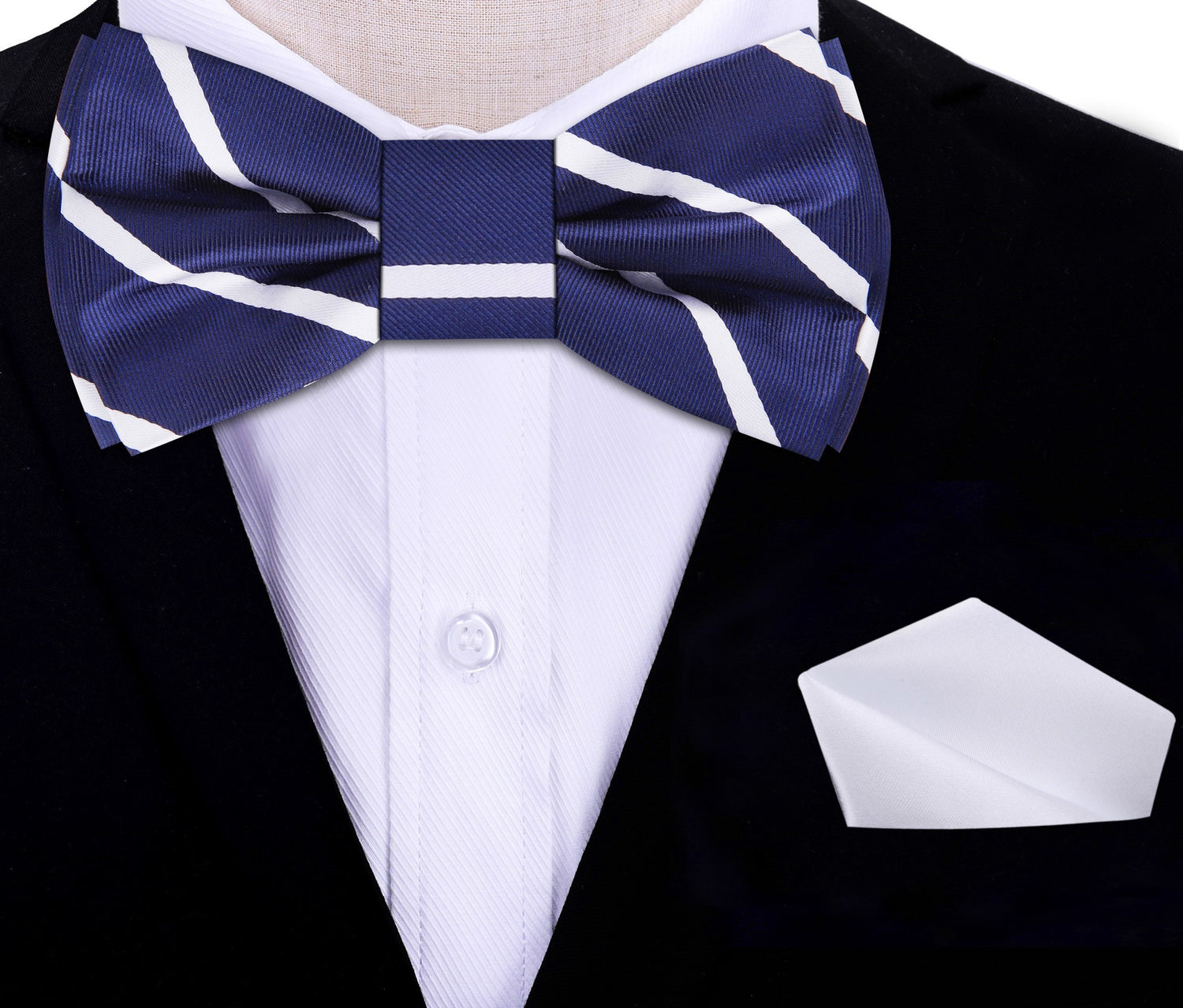 Blue, White Stripe Silk Bow Tie and White Square on Suit
