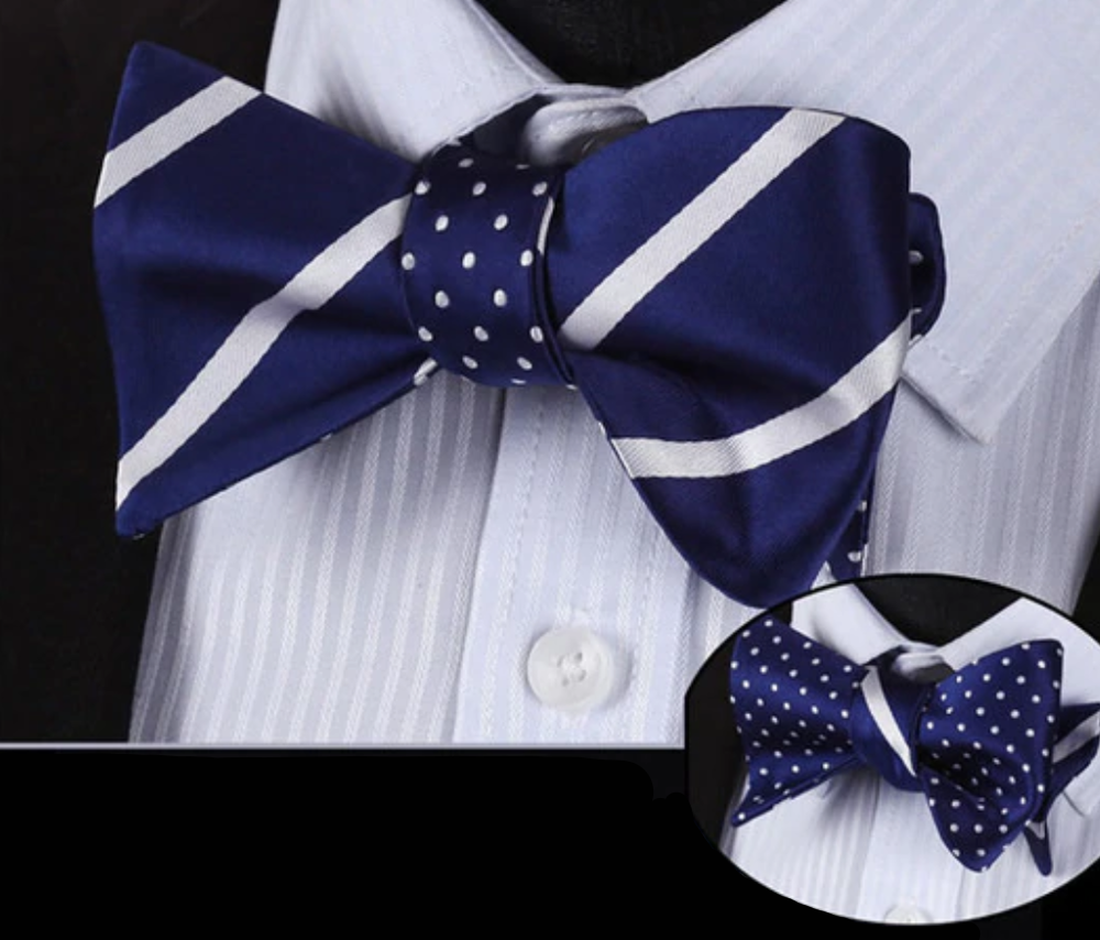 A Blue, White Stripe and Polka Pattern Silk Self Tie Bow Tie