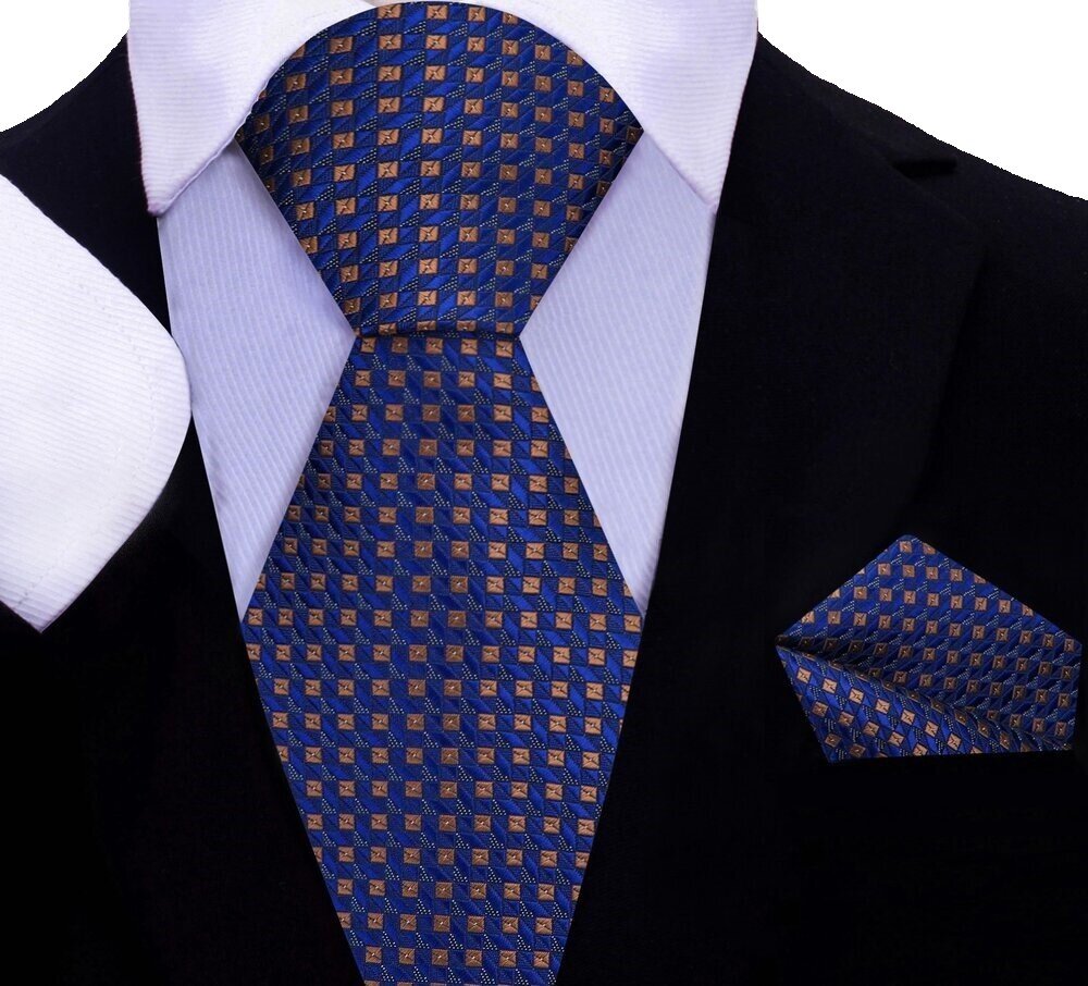 A Deep Blue, Brown Check Pattern Silk Necktie, Matching Pocket Square