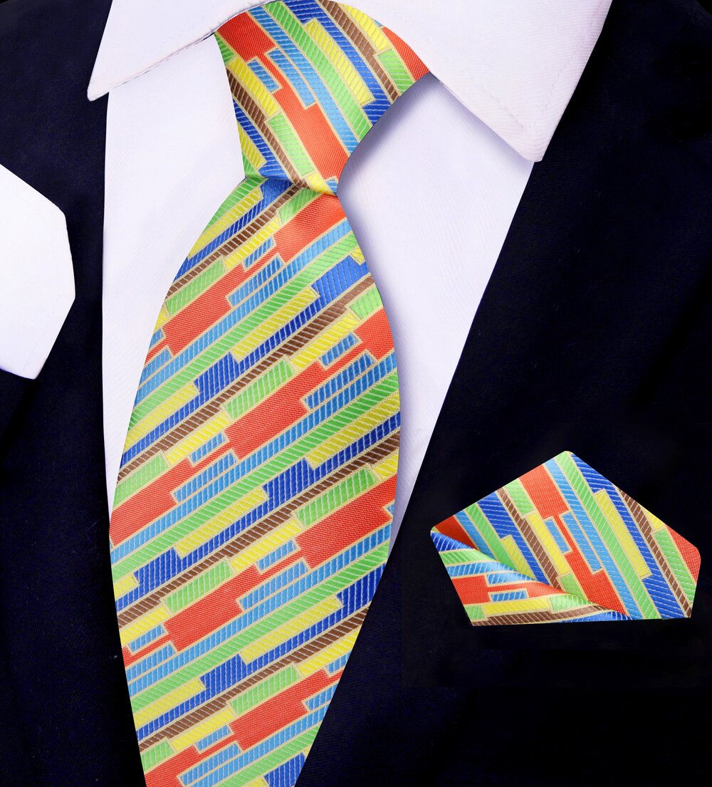 Yellow, Blue, Green, Orange Abstract Stripe Tie and Pocket Square