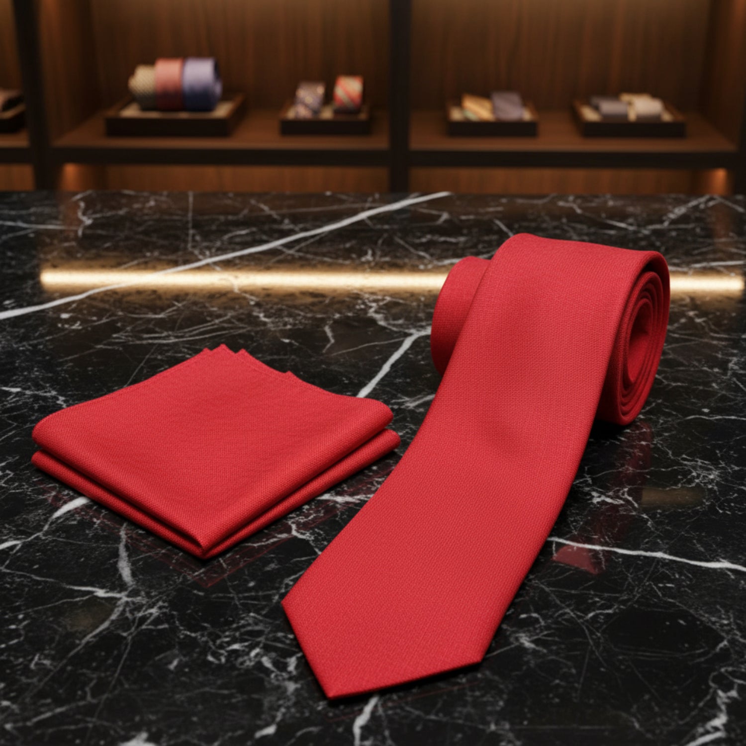Alt View: Bright Red Linen Tie and Pocket Square