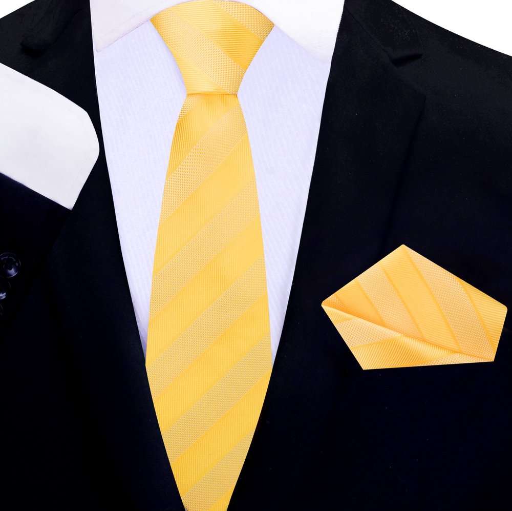 Yellow Stripe Thin Tie and Pocket Square||Yellow