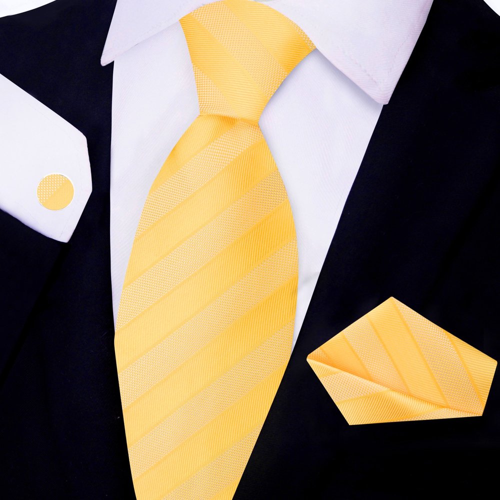Yellow Stripe Tie and Pocket Square||Yellow
