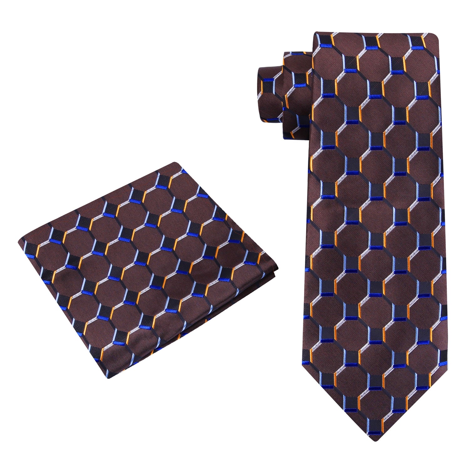 View 2: Brown, Black, Blue Gold Geometric Tie and Pocket Square