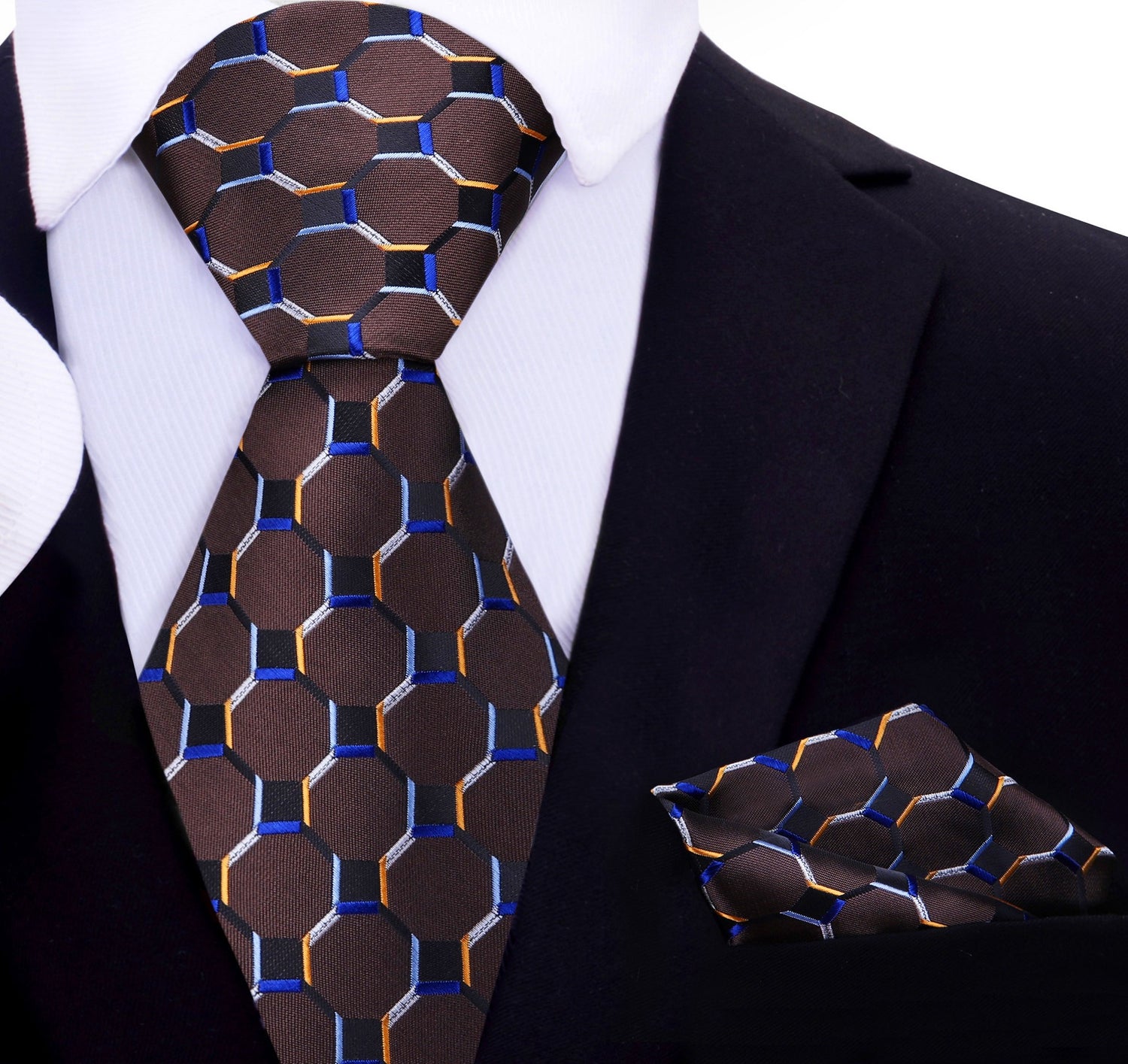 Brown, Black, Blue Gold Geometric Tie and Pocket Square