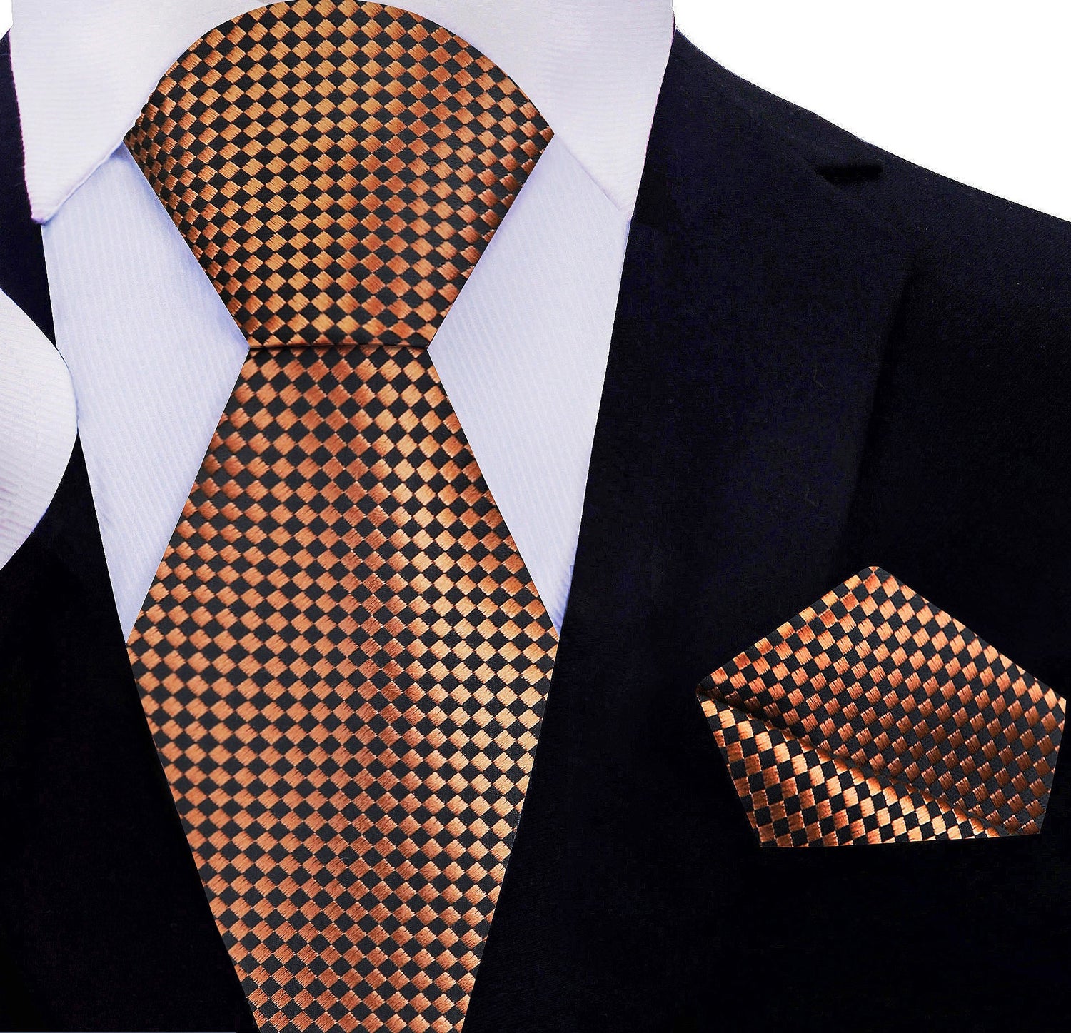 A Brown, Black Check Pattern Silk Necktie, Matching Pocket Square