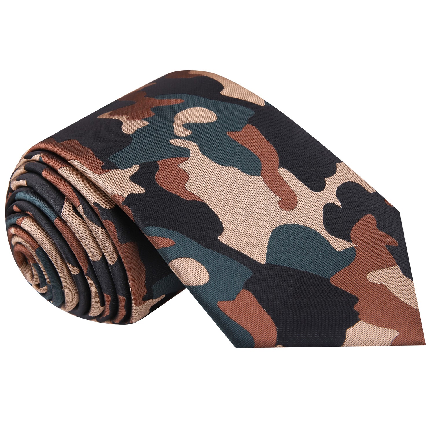 A Brown, Olive Green, Black Color Camouflage Fleck Pattern Silk Necktie 