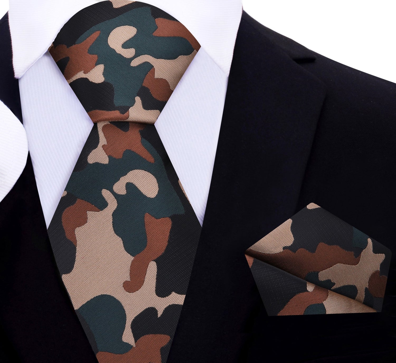 A Brown, Olive Green, Black Color Camouflage Fleck Pattern Silk Necktie, Matching Pocket Square