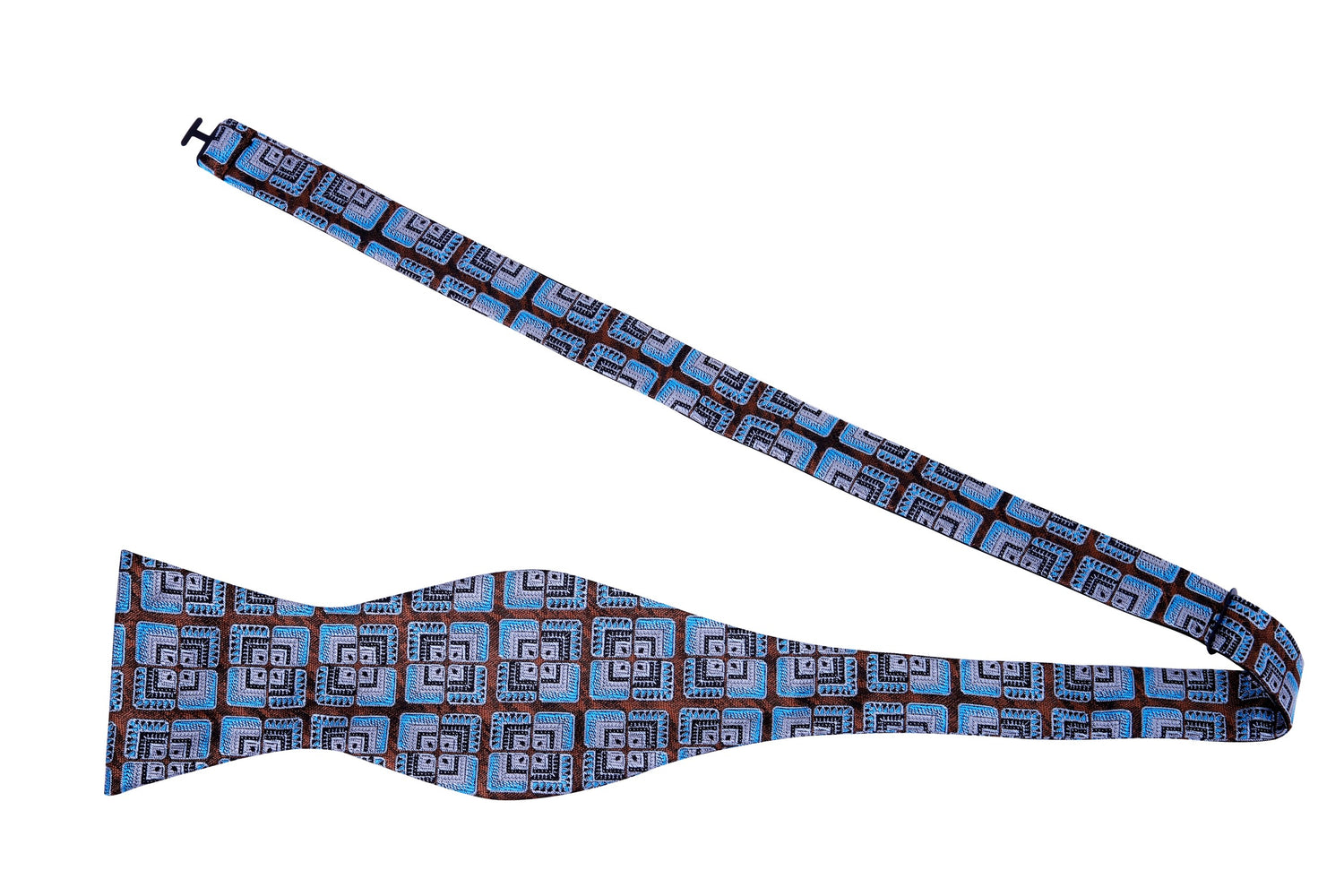 A Blue, Brown Geometric Floral Pattern Silk Bow tie Untied