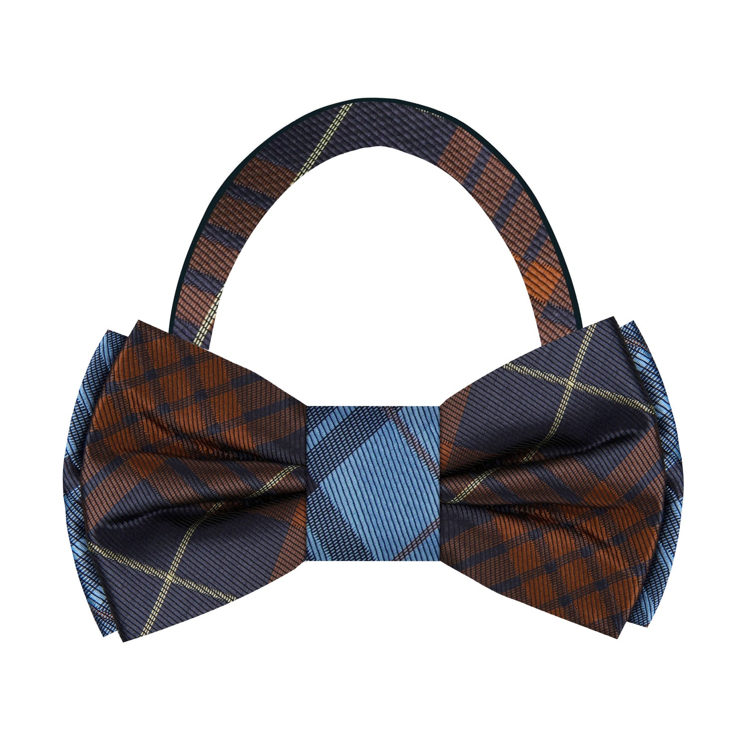 Pre Tied: Brown, Blue Plaid Bow Tie with Brown Geometric Square