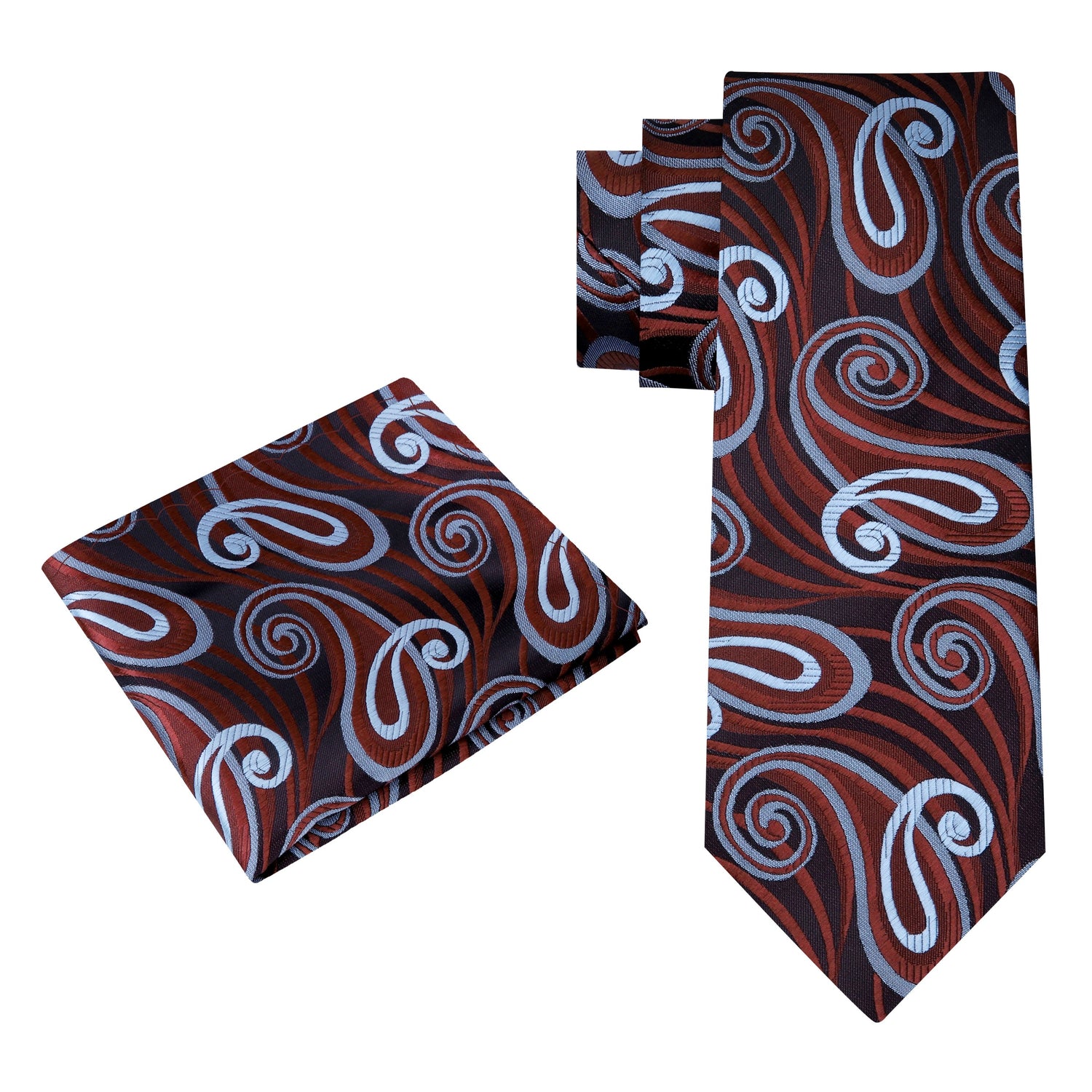 Alt View: A Brown, Dark Brown And Light Blue Paisley Pattern Silk Necktie, Matching Pocket Square