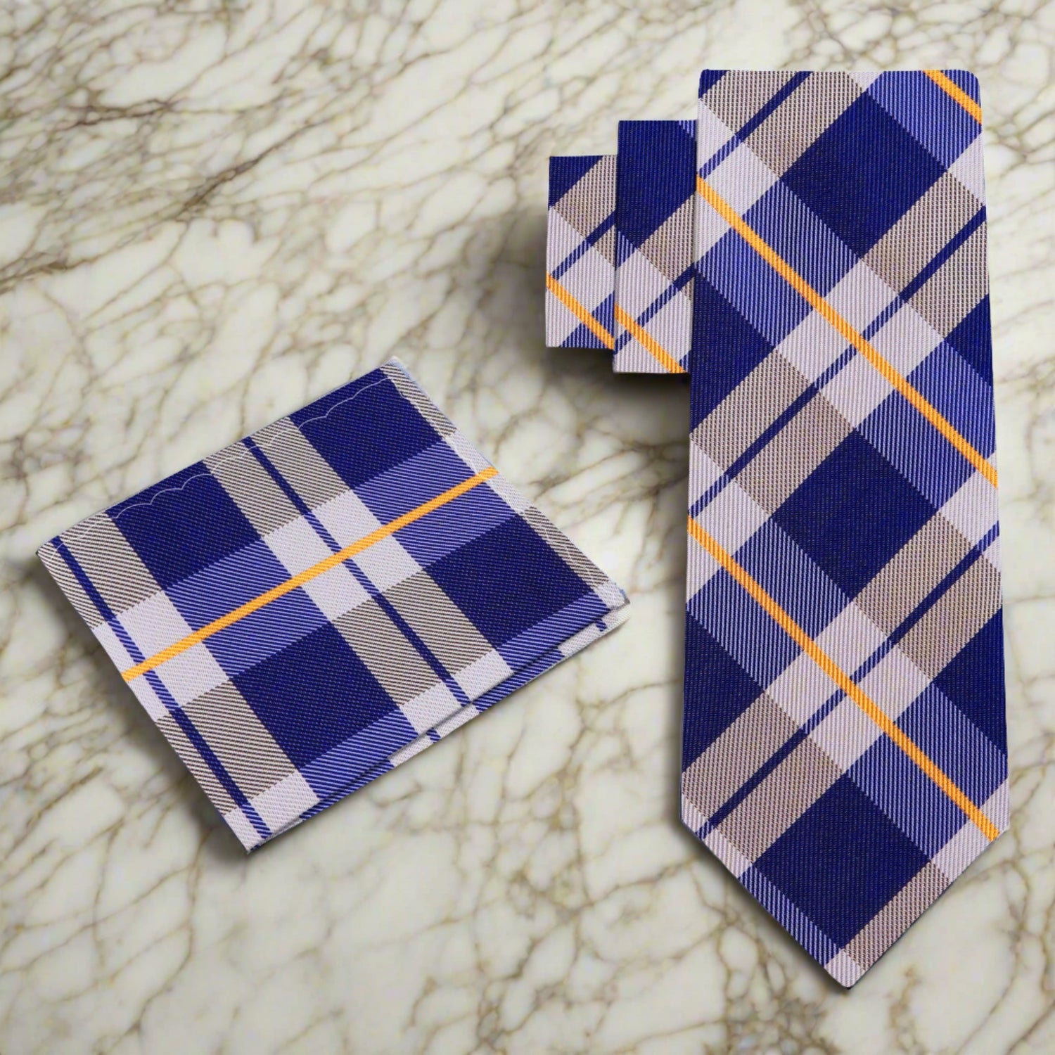 Alt View: A Dark Blue, Cream Plaid Pattern Silk Necktie, With Matching Pocket Square