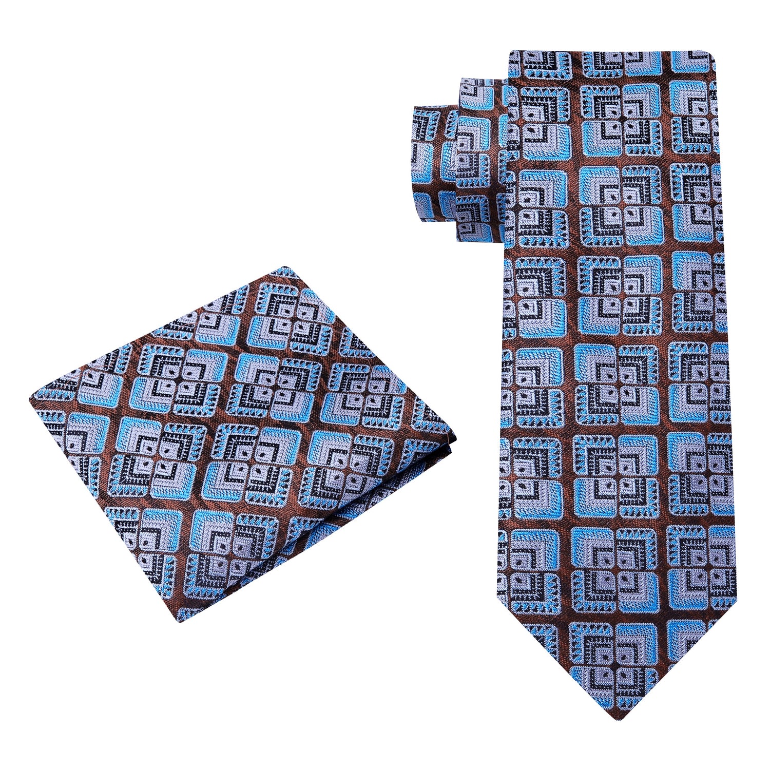Alt View: Brown and Blue Geometric Abstract Blocks Tie and Pocket Square