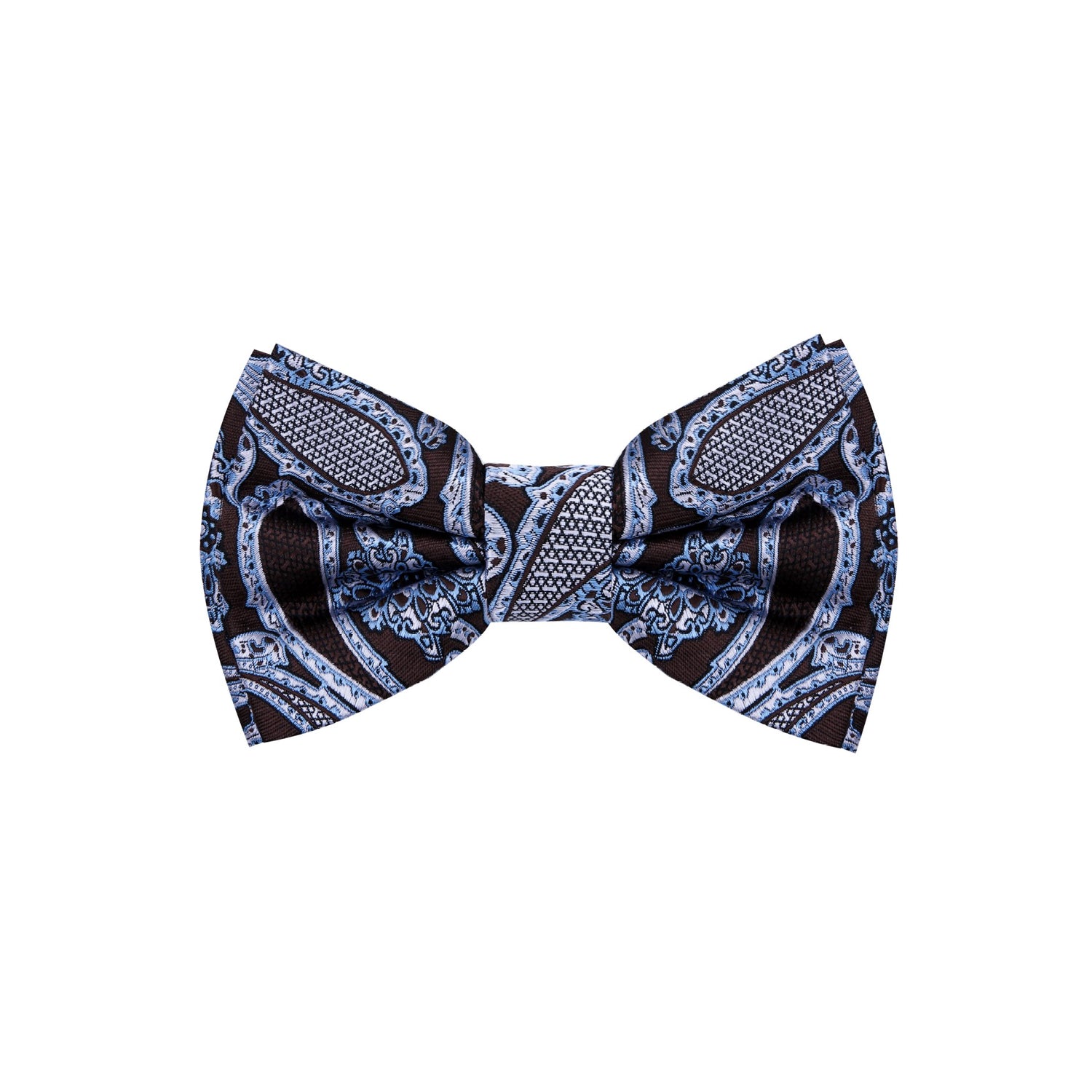 A Brown, White, Ice Blue Detailed Paisley Pattern Silk Pre Tied Bow Tie 