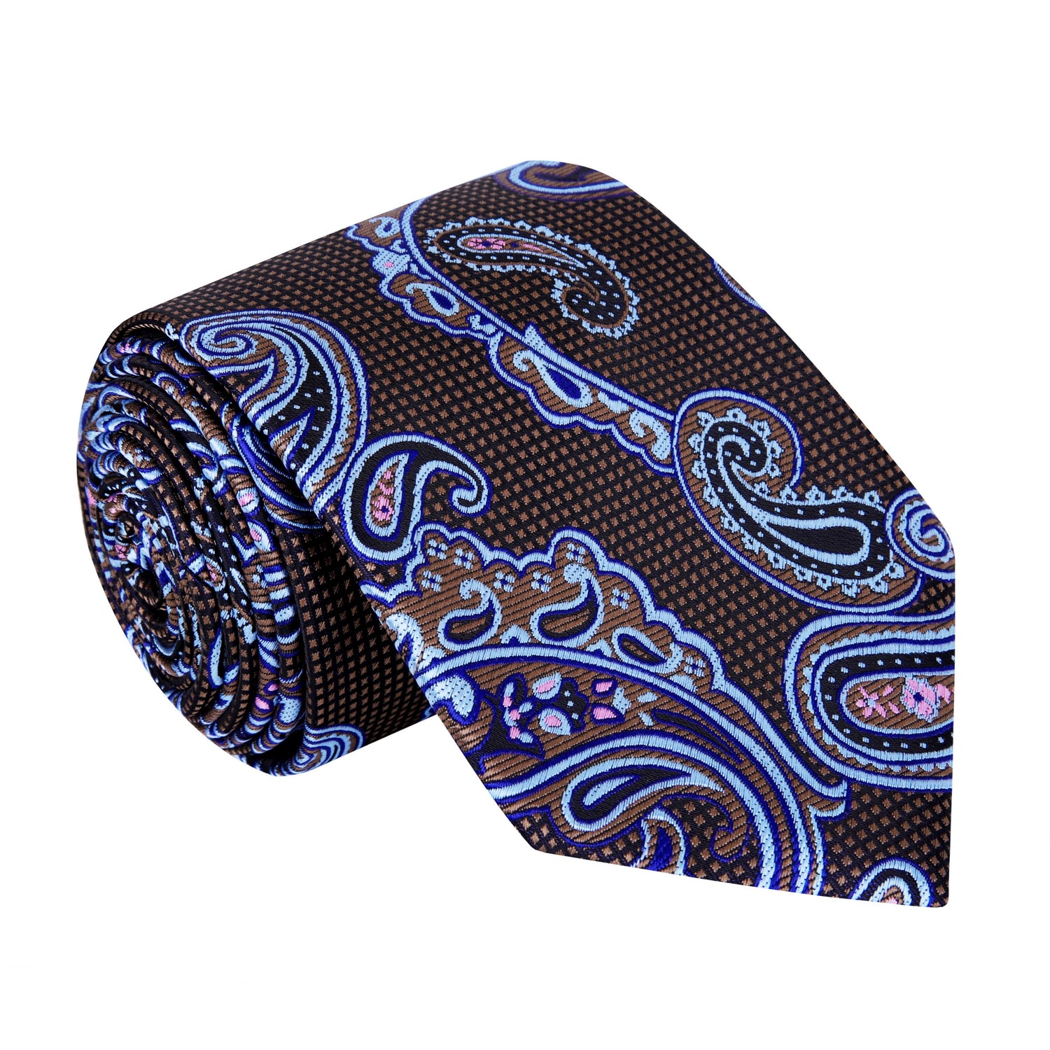 A Brown, Light Blue, Pink Paisley Pattern Silk Necktie 