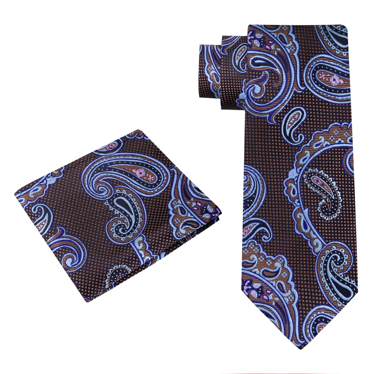 View 2: A Brown, Light Blue, Pink Paisley Pattern Silk Necktie, Matching Pocket Square