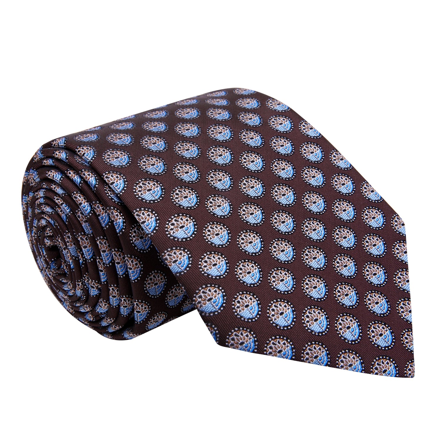 A Brown, Light Blue Geometric Circles Pattern Silk Necktie 