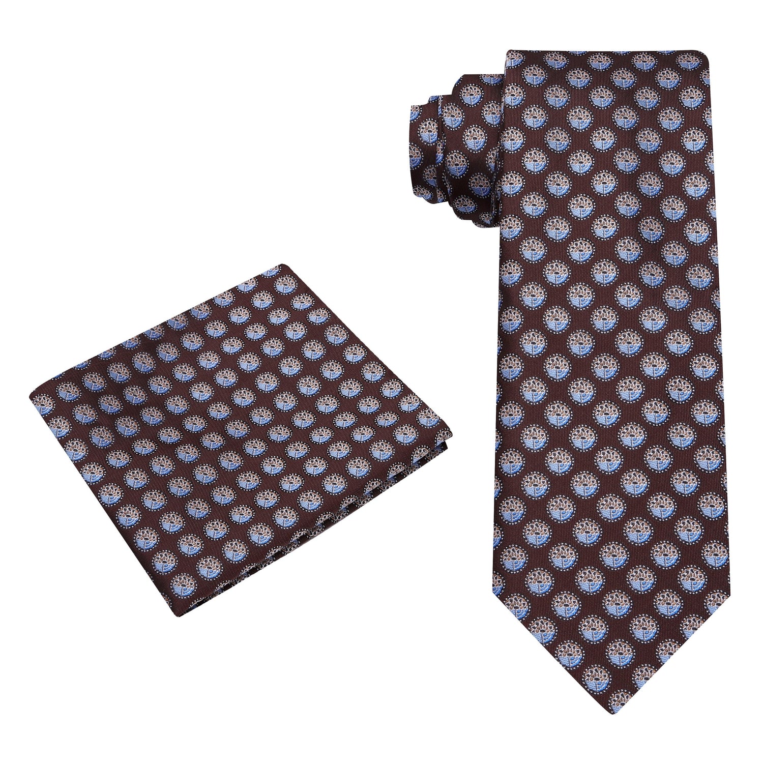 Alt View: A Brown, Light Blue Geometric Circles Pattern Silk Necktie, Matching Pocket Square