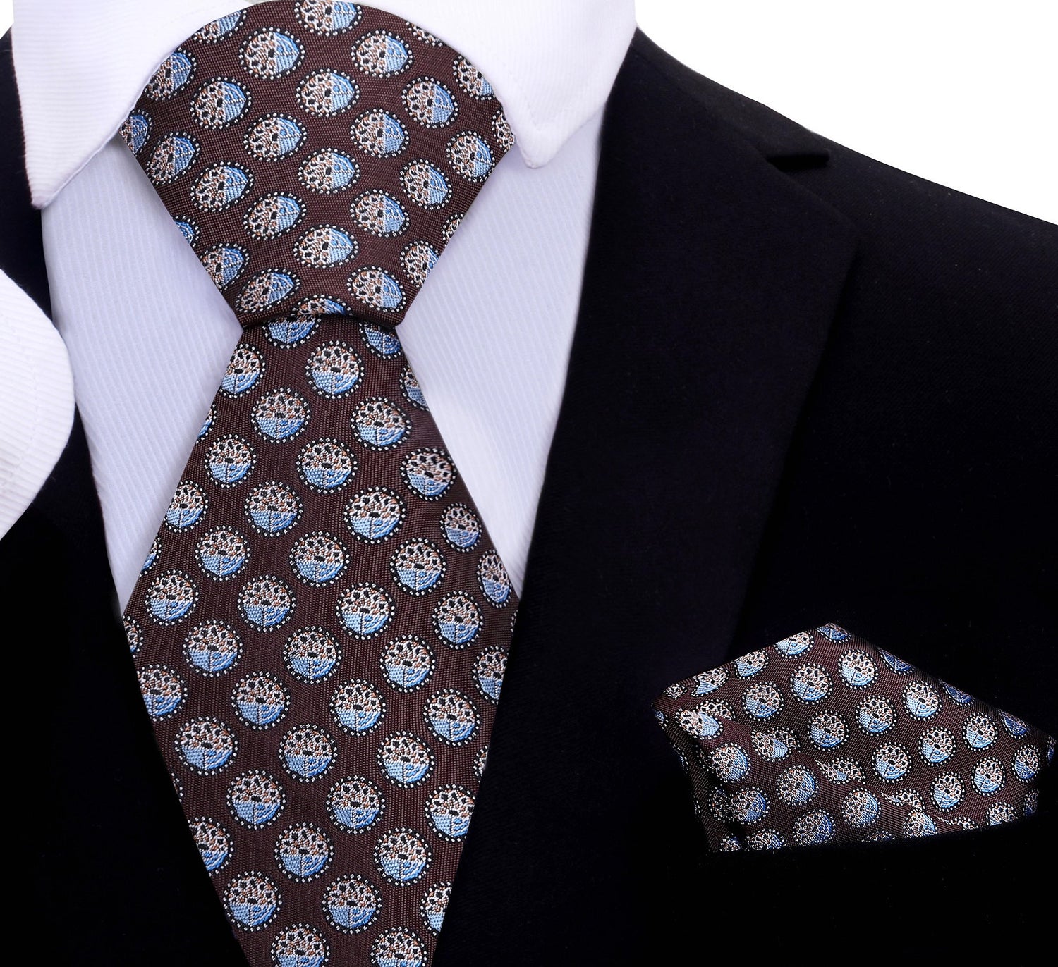 A Brown, Light Blue Geometric Circles Pattern Silk Necktie, Matching Pocket Square
