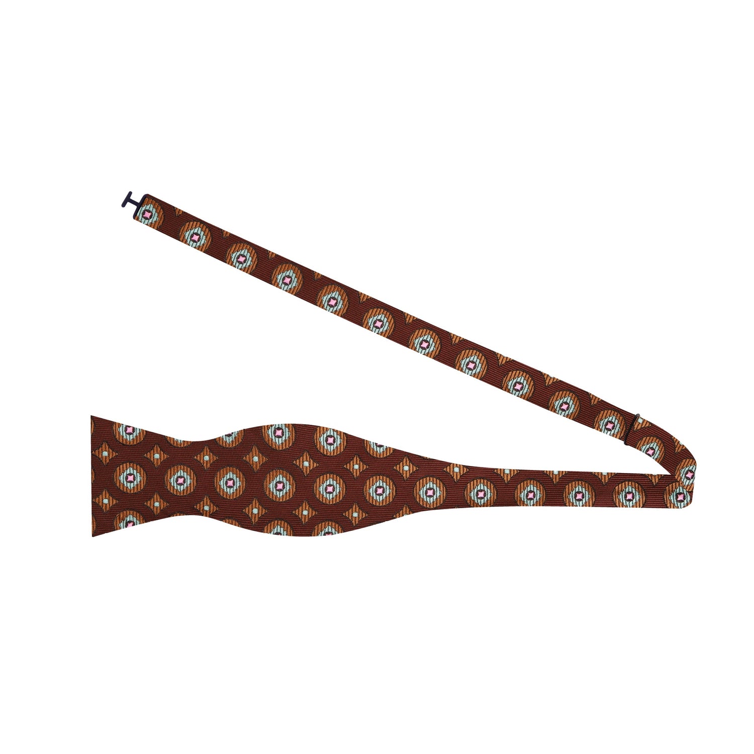 A Brown, Pink Geometric Circles and Diamonds Pattern Silk Self Tie Bow Tie Untied