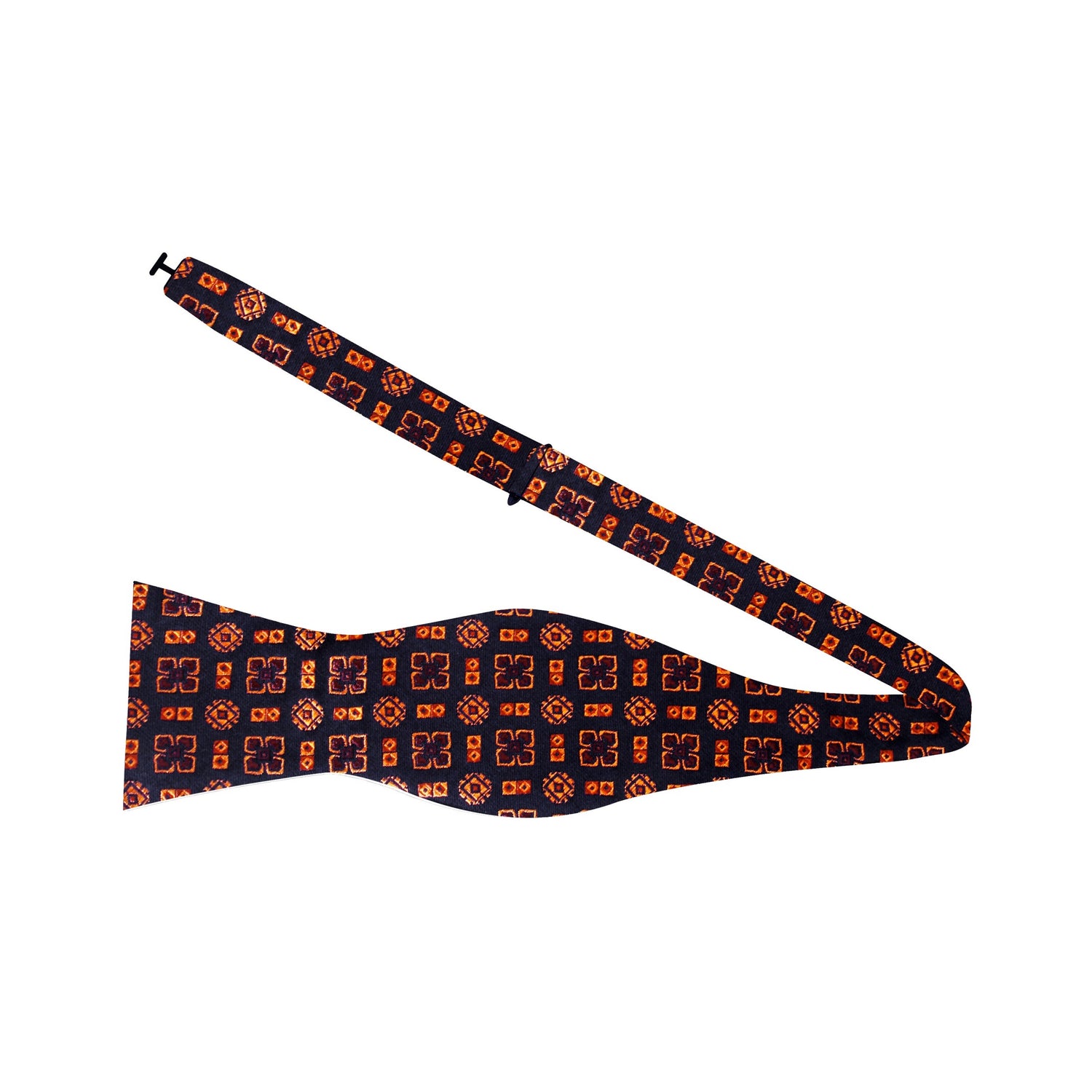 Self Tie: A Brown, Dark Blue Geometric Shapes Pattern Silk Self Tie Bow Tie