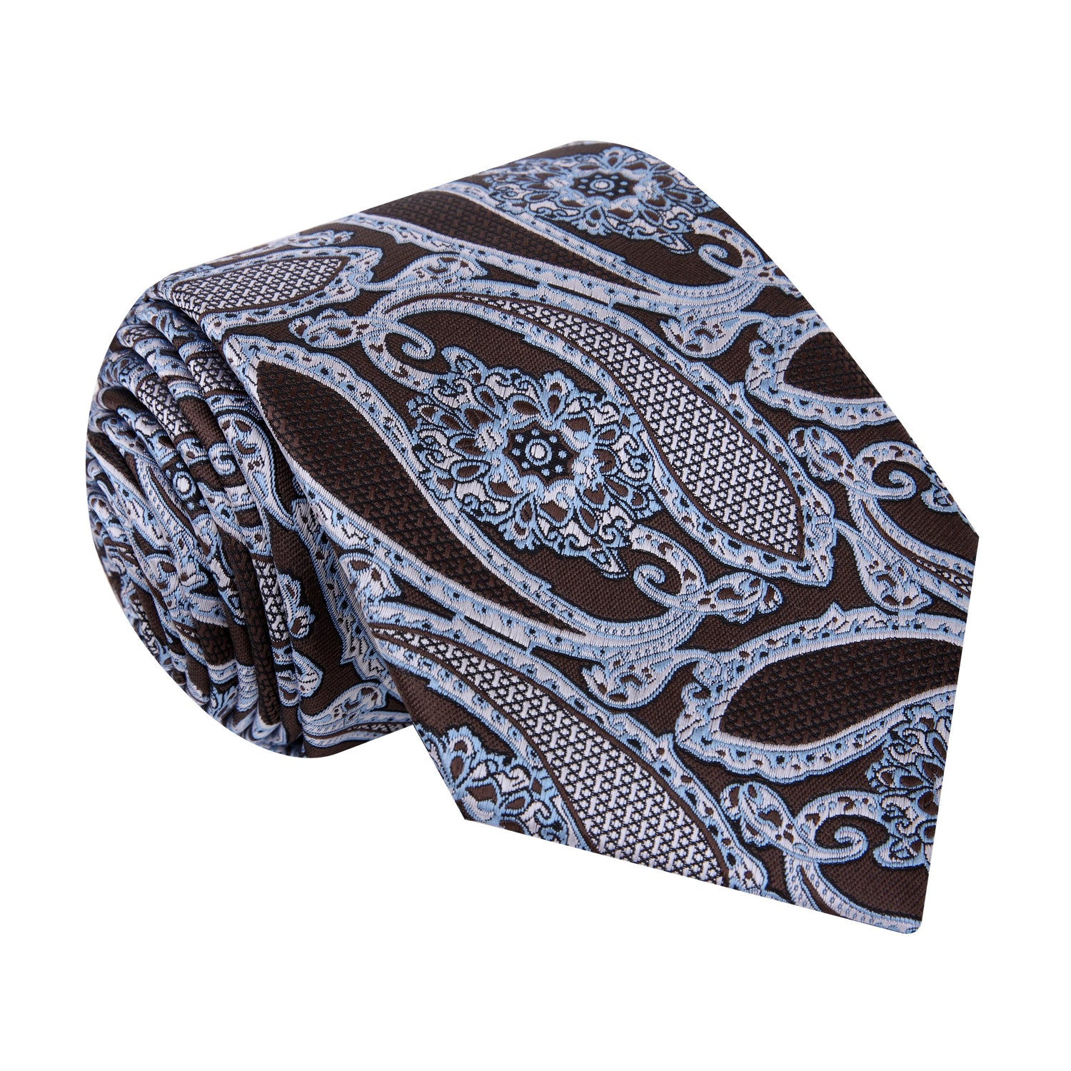 A Brown, Ice Blue, White Paisley Pattern Silk Necktie