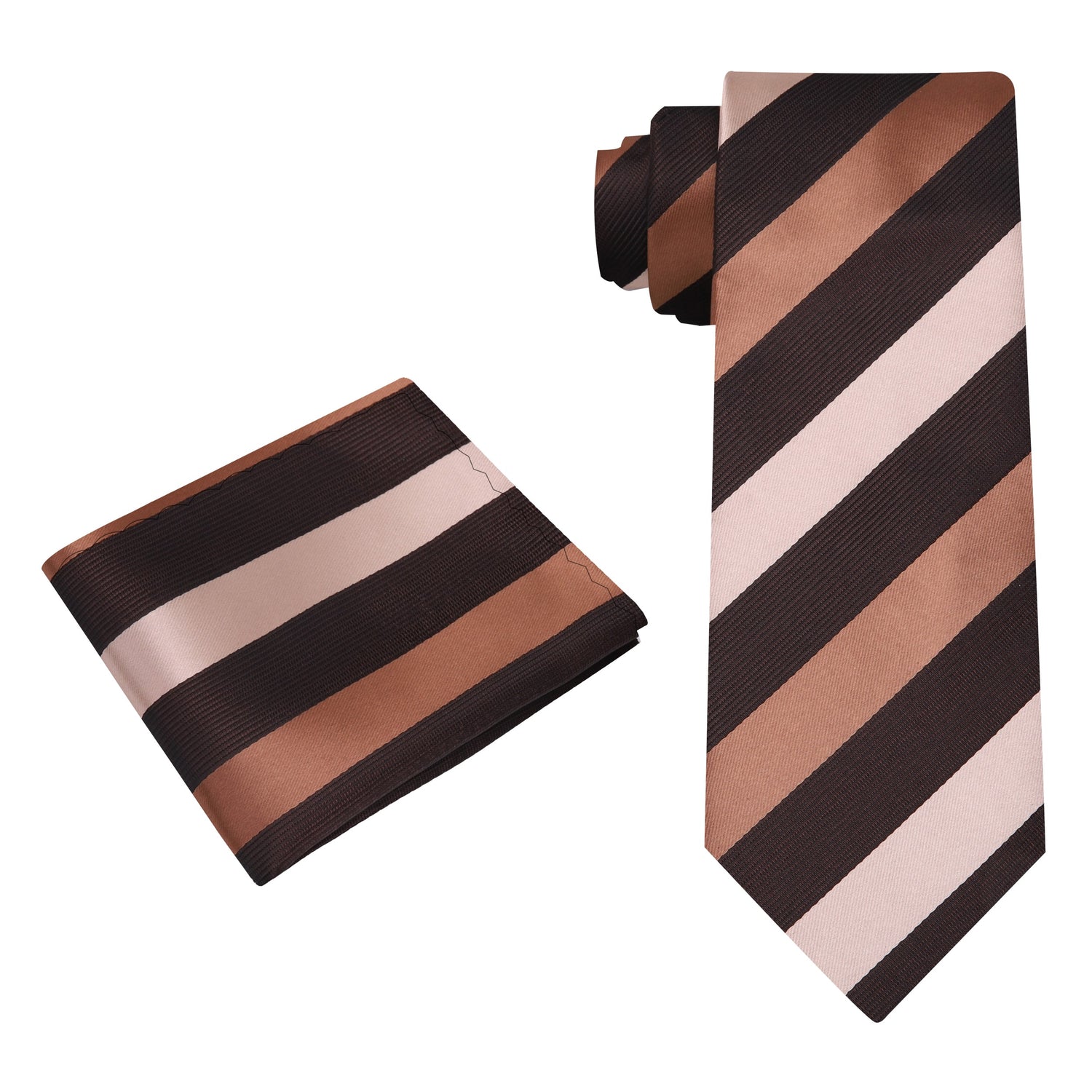 Alt View: A Chocolate, Brown Stripe Pattern Silk Necktie, Pocket Square