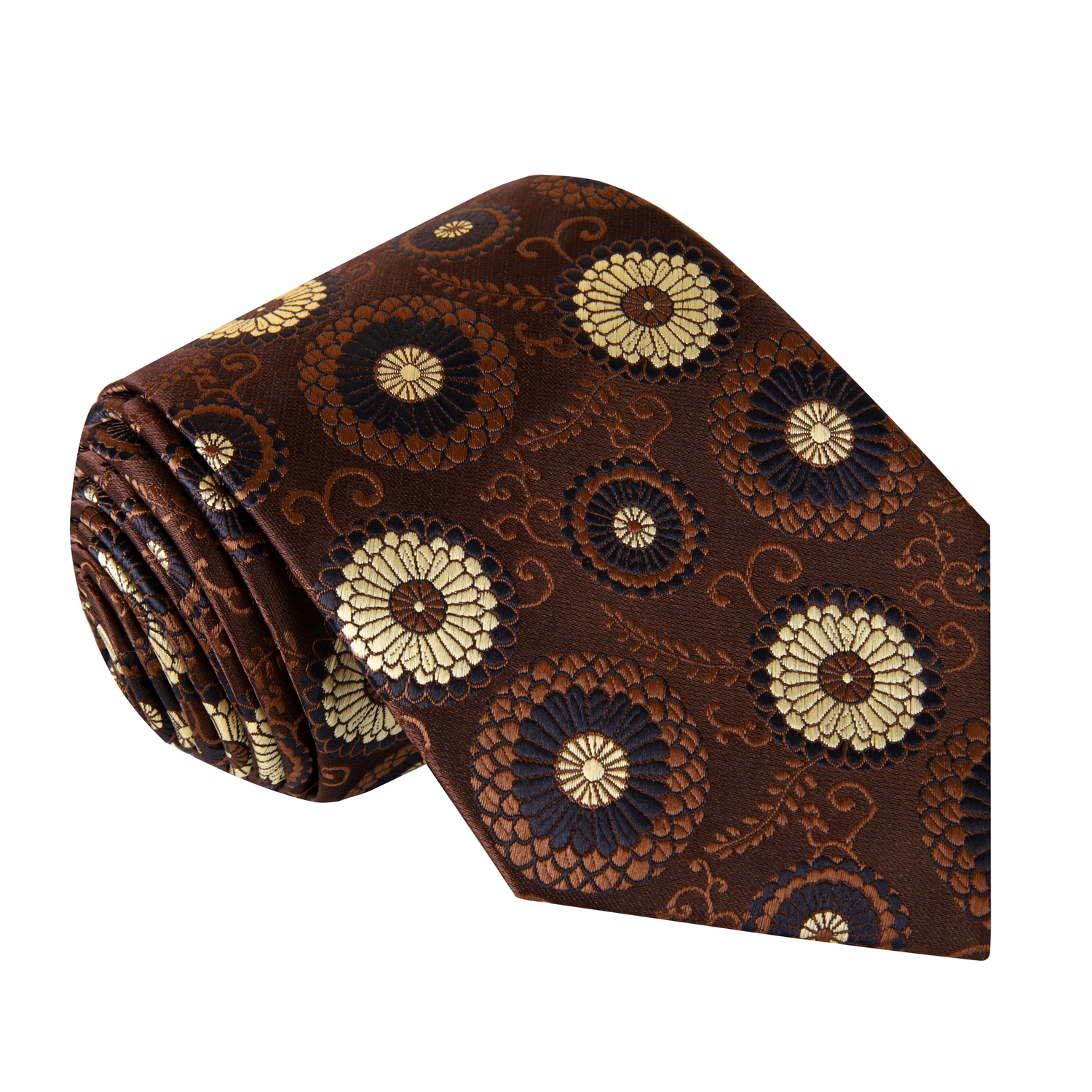 A Dark Brown, Gold Circular Abstract Pattern Silk Necktie 