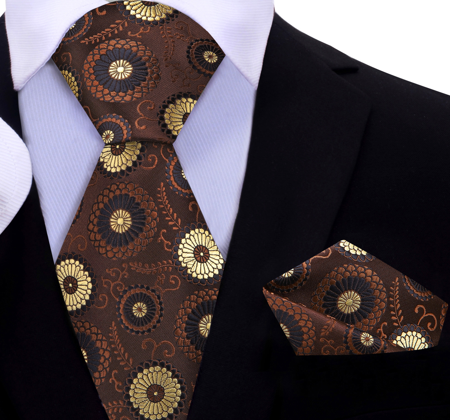 A Dark Brown, Gold Circular Abstract Pattern Silk Necktie, Matching Pocket Square