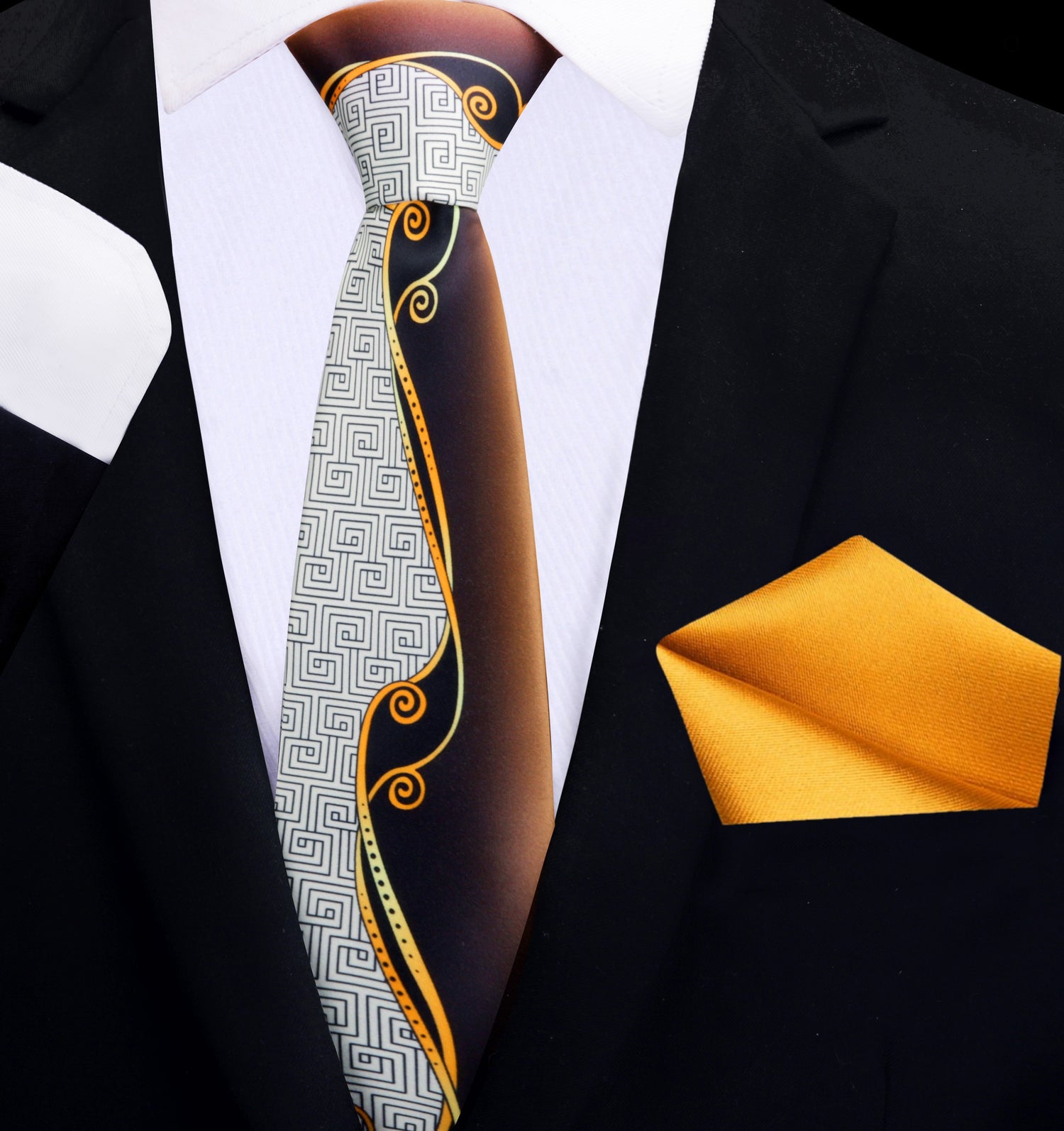 Thin Tie: Golden Brown Abstract Tie and Pocket Square