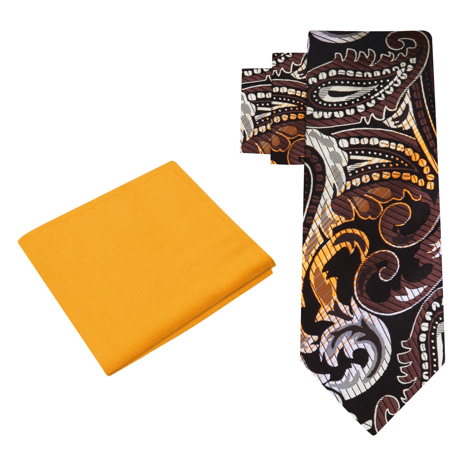 View 2: A Brown, Yellow Paisley Pattern Silk Necktie, With Bright Gold Pocket Square
