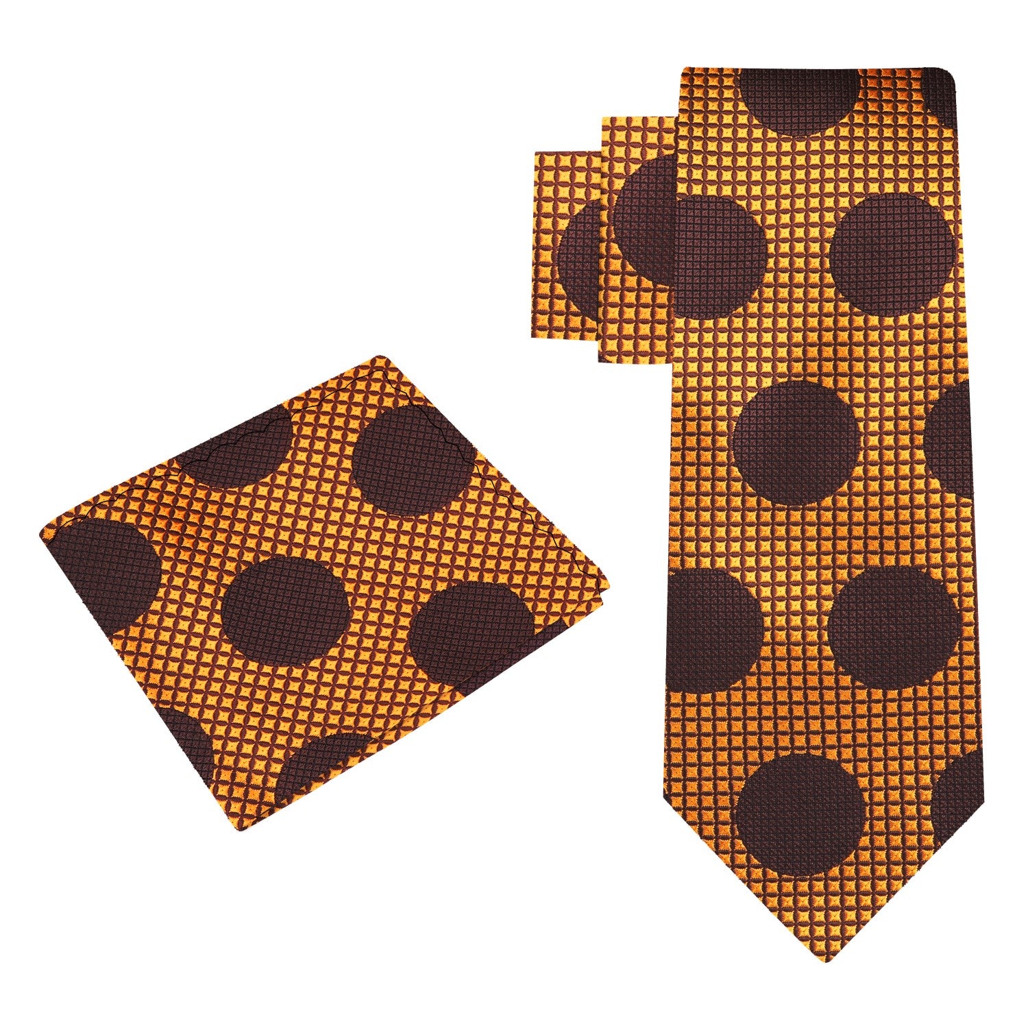 Alt View: A Copper, Brown Large Polka Dot Pattern Silk Necktie With Matching Pocket Square