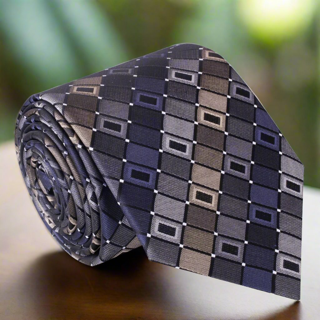 A Brown, Grey Geometric Pattern Silk Necktie 