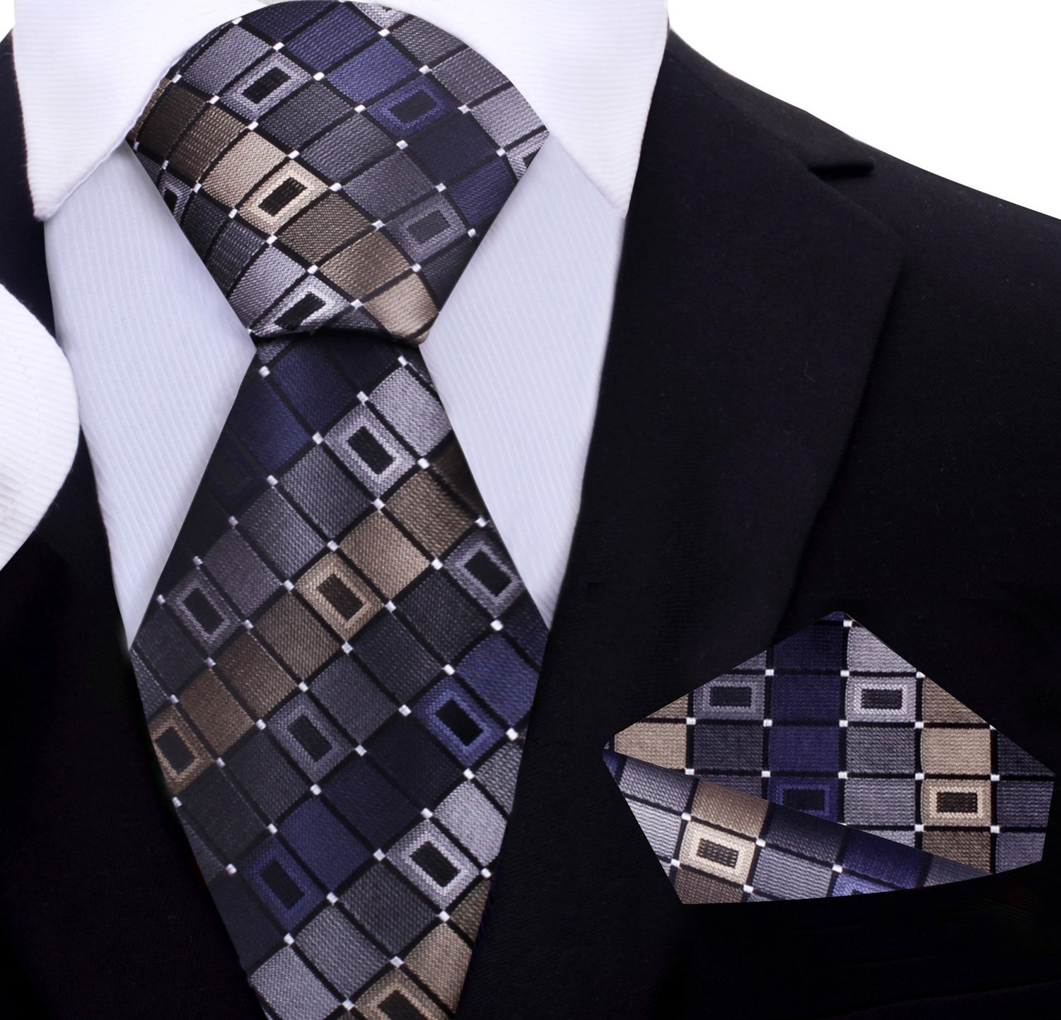 A Brown, Grey Geometric Pattern Silk Necktie, Matching Pocket Square