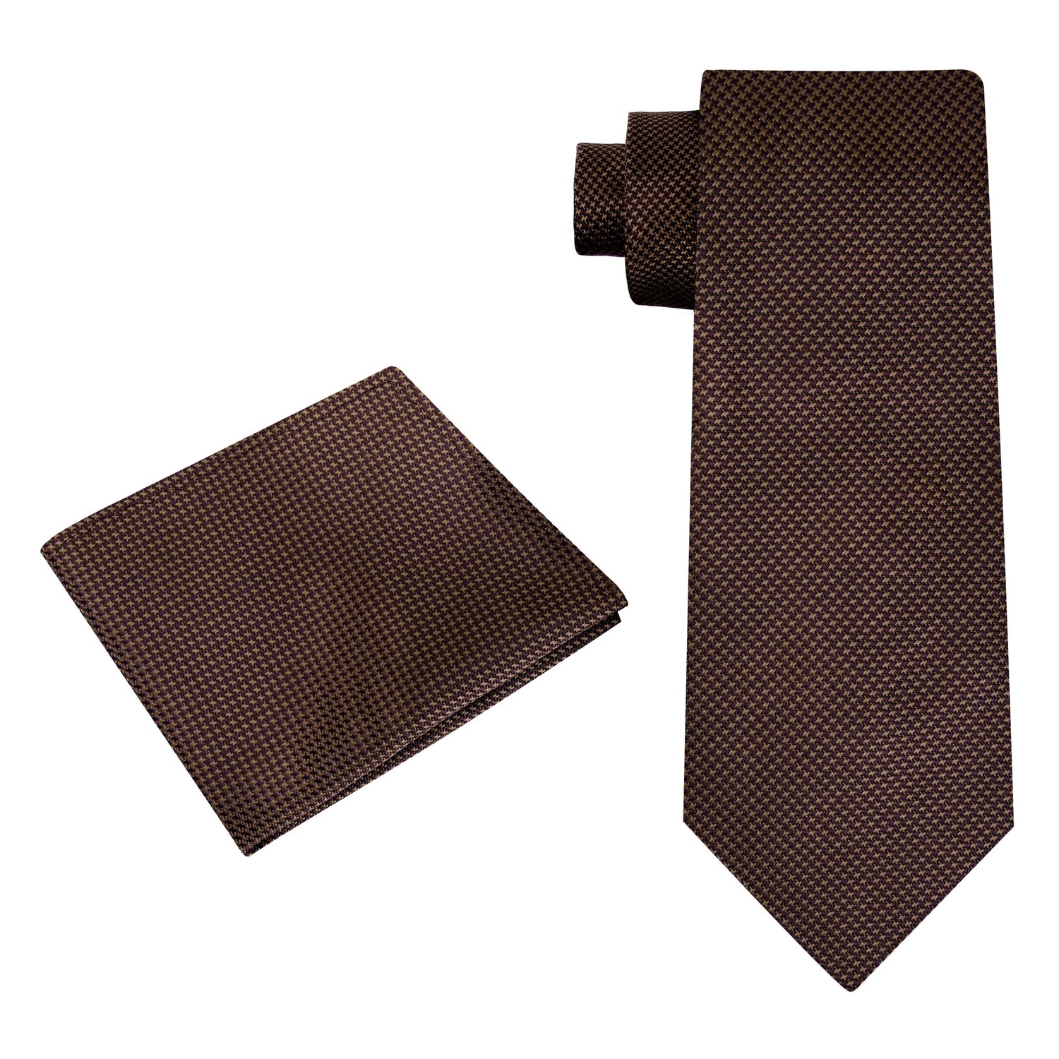Alt View: A Brown Houndstooth Pattern Silk Necktie, Matching Pocket Square