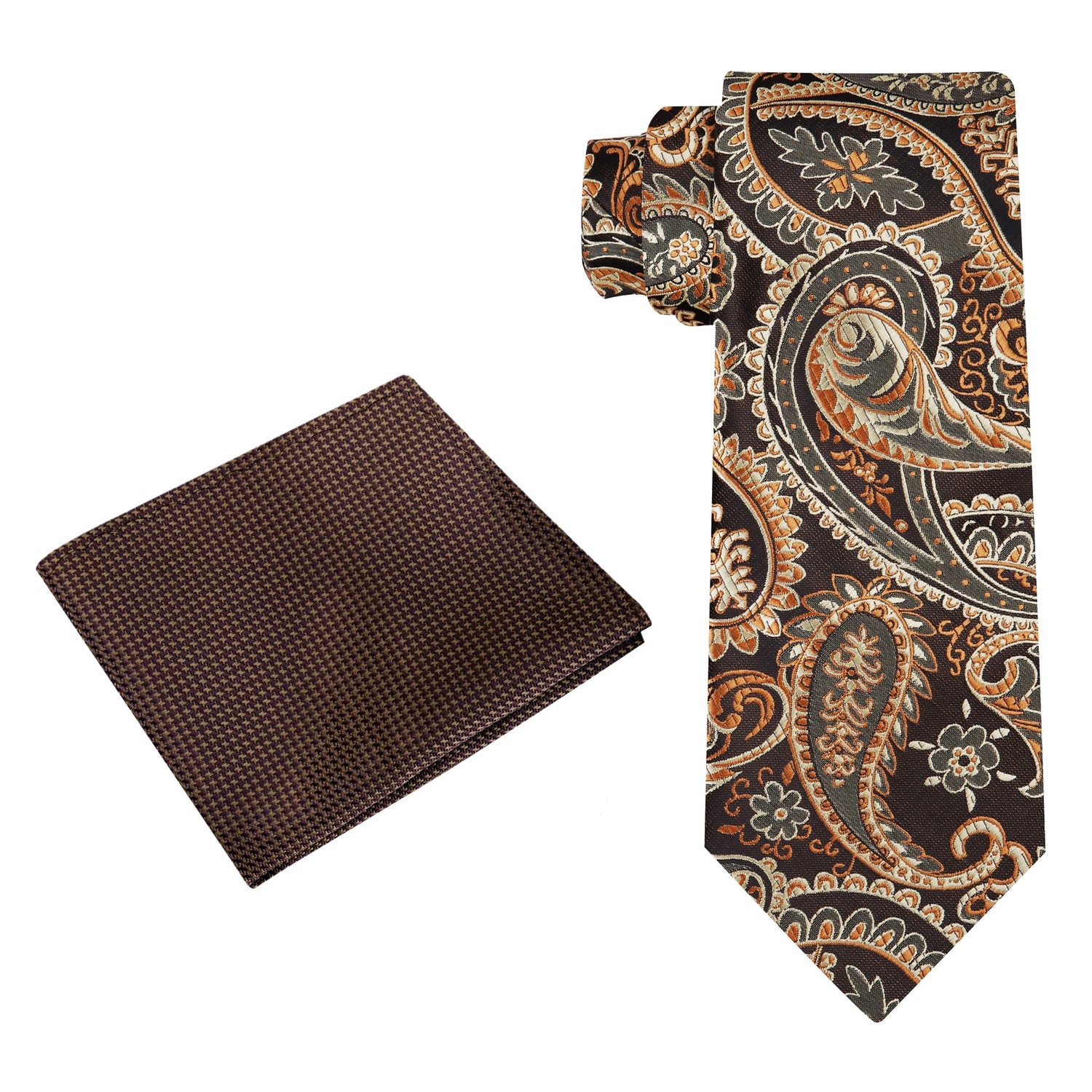 View 2: Shades of Brown Paisley Tie and Brown Houndstooth Pocket Square