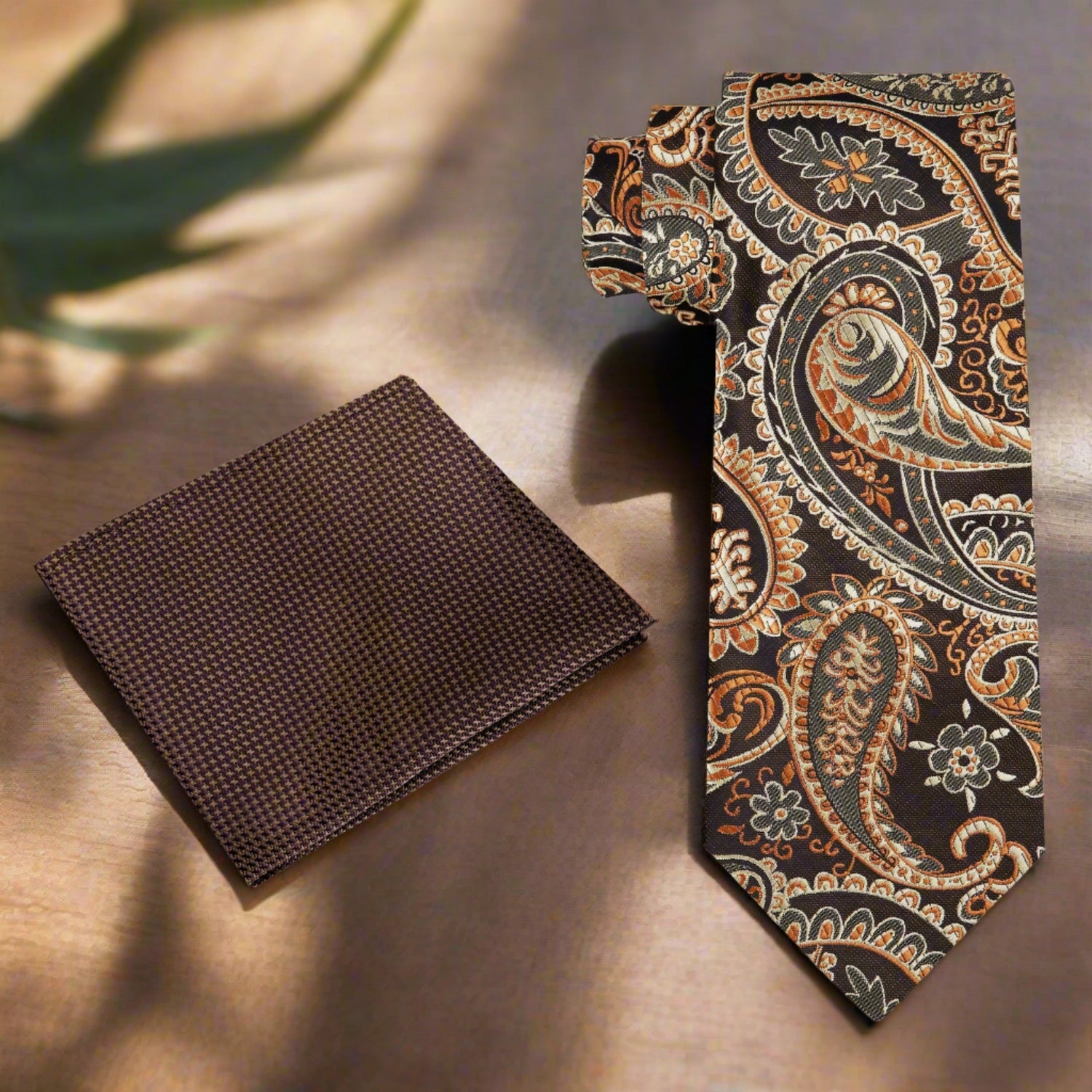 View 2: Shades of Brown Paisley Tie and Brown Houndstooth Pocket Square