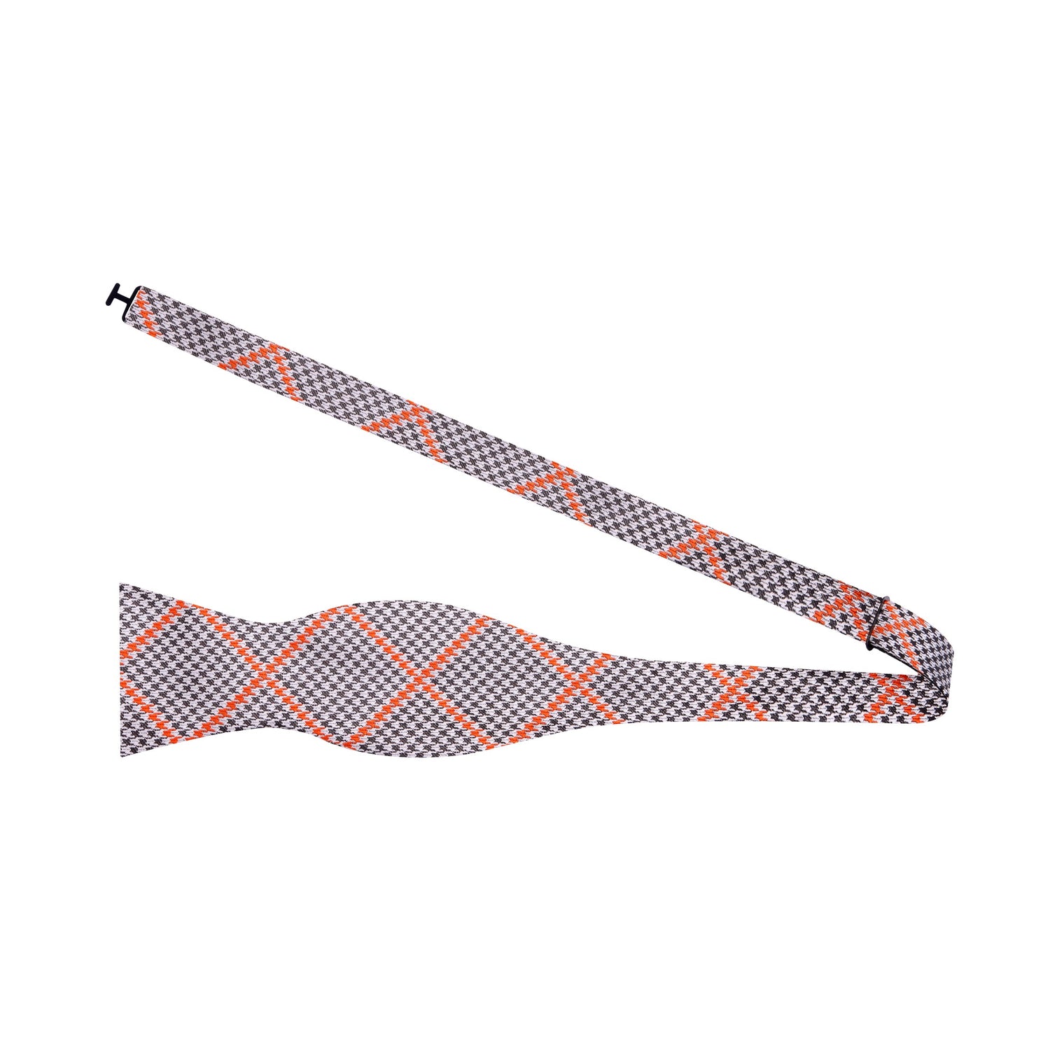 A Brown, Orange Geometric Check Pattern Silk Self Tie Bow Tie Untied